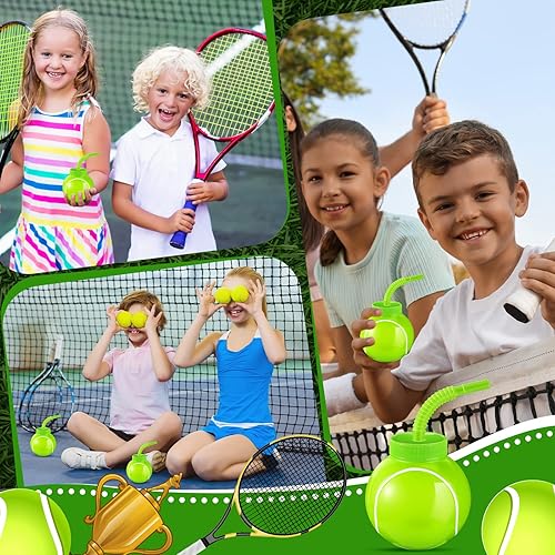 Miniatura 6 de Gerrii 12 juegos de copas de fiesta de pelota de tenis con pajitas y tapas, vasos de plástico de 10 onzas a granel para niños, cumpleaños, fiestas
