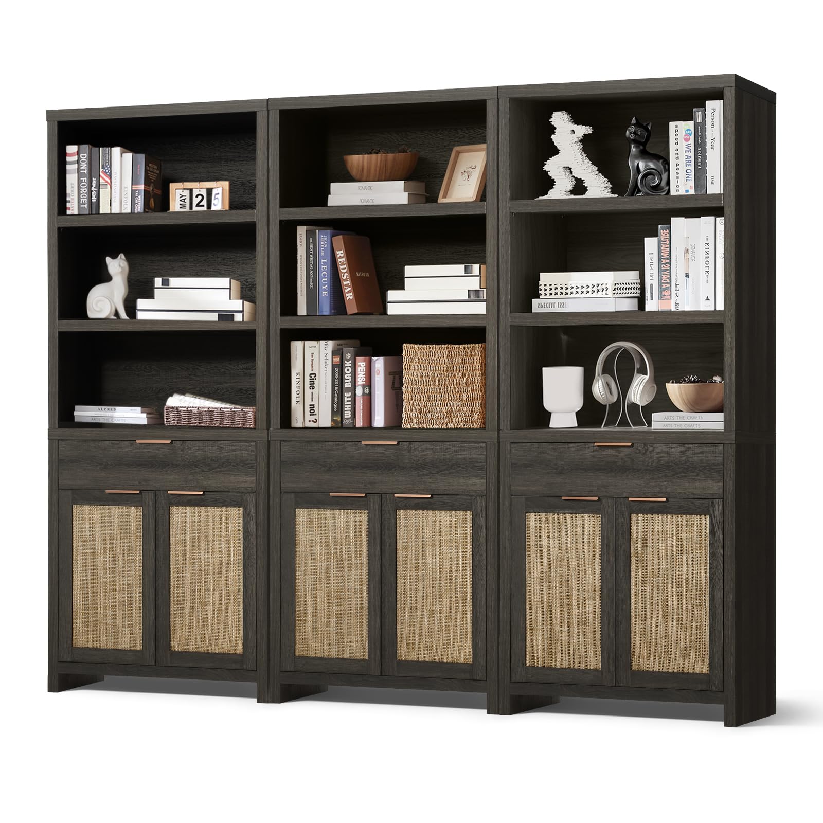 OAKHAM HOME Hampstead Bookcase, Rattan Bookcase with Doors Cabinet and Drawer, 5-Tier Bookshelf, Large Wooden Book Case, Tall Bookshelves for Library