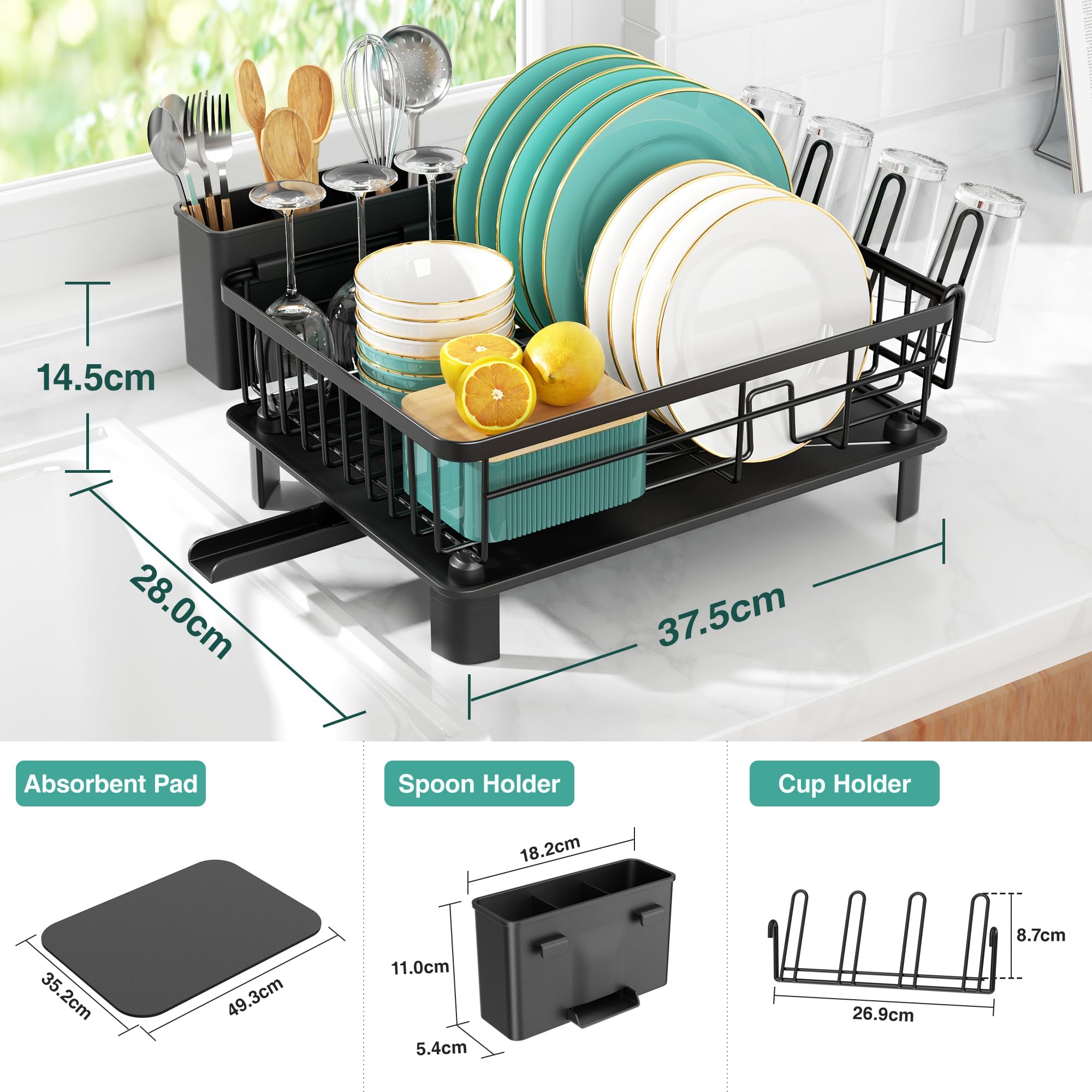 niffgaff Escurridor de platos negro (37.5 * 28 * 14.5 cm), escurridor de acero inoxidable con alfombrilla de secado rápido, soporte de secado para platos