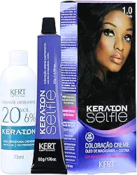 Coloração permanente em creme para cabelos, Com cistina e óleo de macadâmia, Selfie, 50g, Keraton, Nº 1.0 Preto