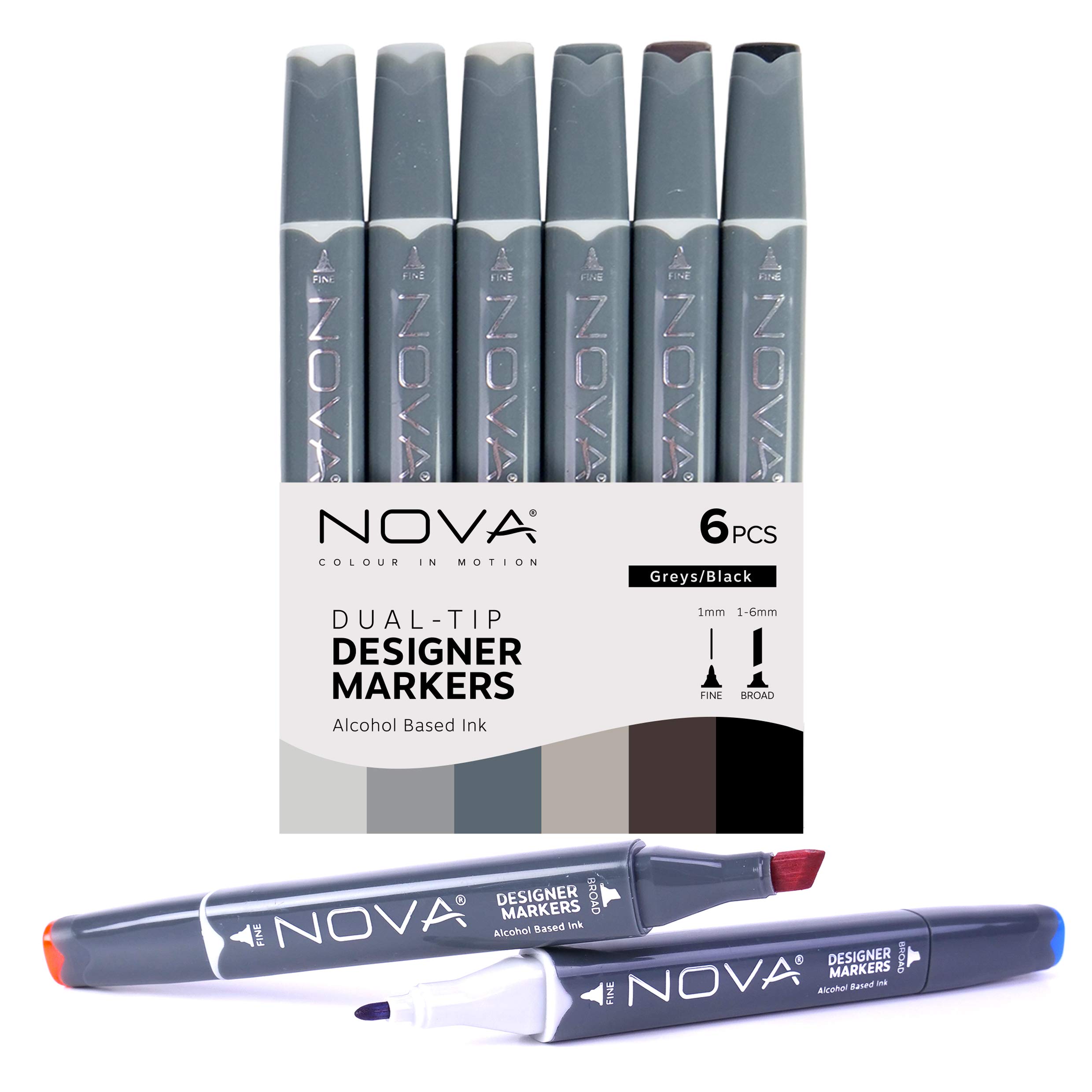 Nova Sketch Markers – Greys - 6 Pens - Japanese Nibs, Dual Ended, Alcohol Based Ink – Broad and Fine Tips - Blendable – For Animation, Design, Art, Craft & Sketching