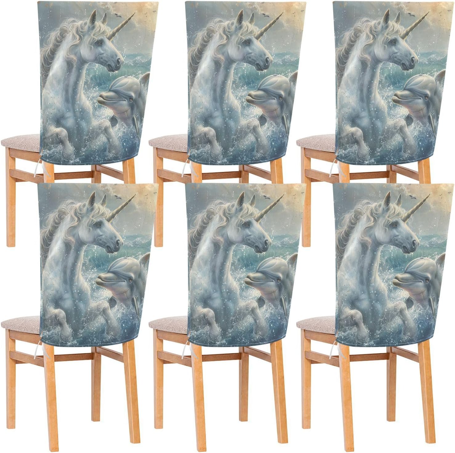 ALAZA Unicorn and Dolphin Chair Back Cover Set of 6, Washable Reusable Removable Chair Slipcovers Decorative Chair Cover for Home Kitchen Wedding Party