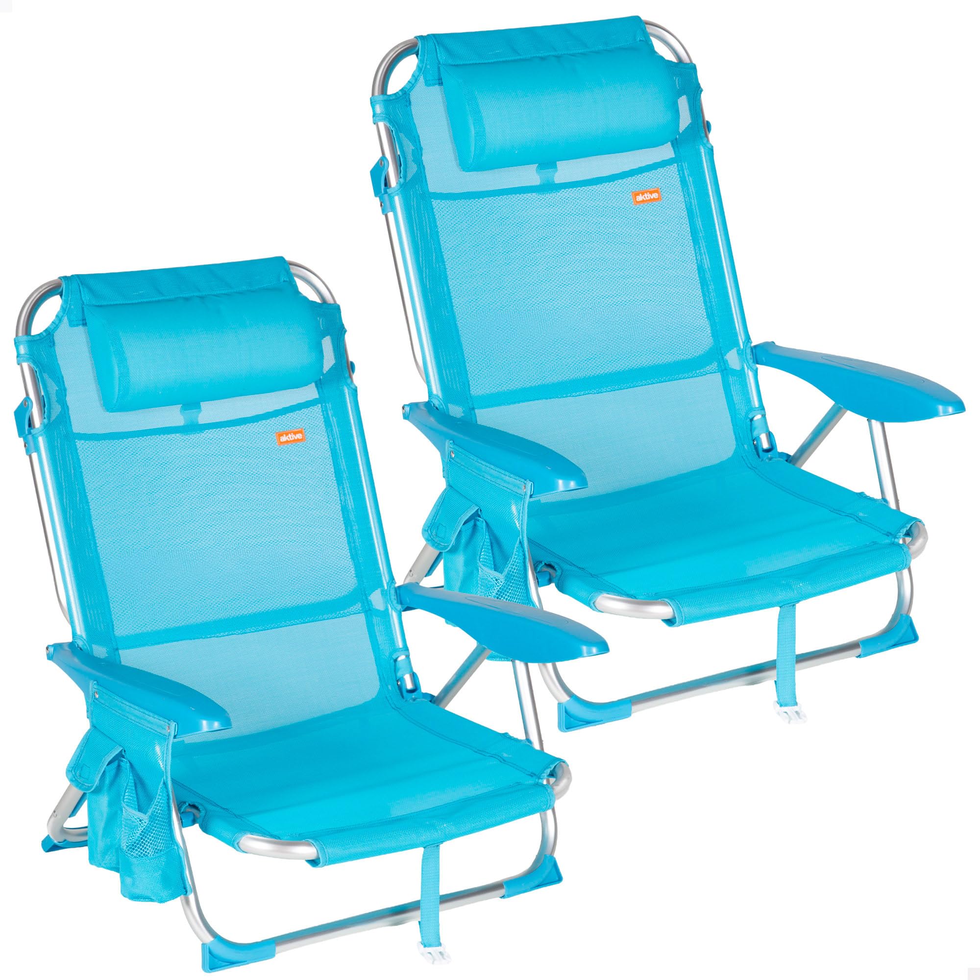 AKTIVE Pack 2 Sillas de Playa Plegables, Sillas multiposición 51x45x76 cm, Reclinables, 4 Posiciones, con reposacabezas, hasta 110 kg, con Bolsillo, Plegables con asa, Azul (85529)
