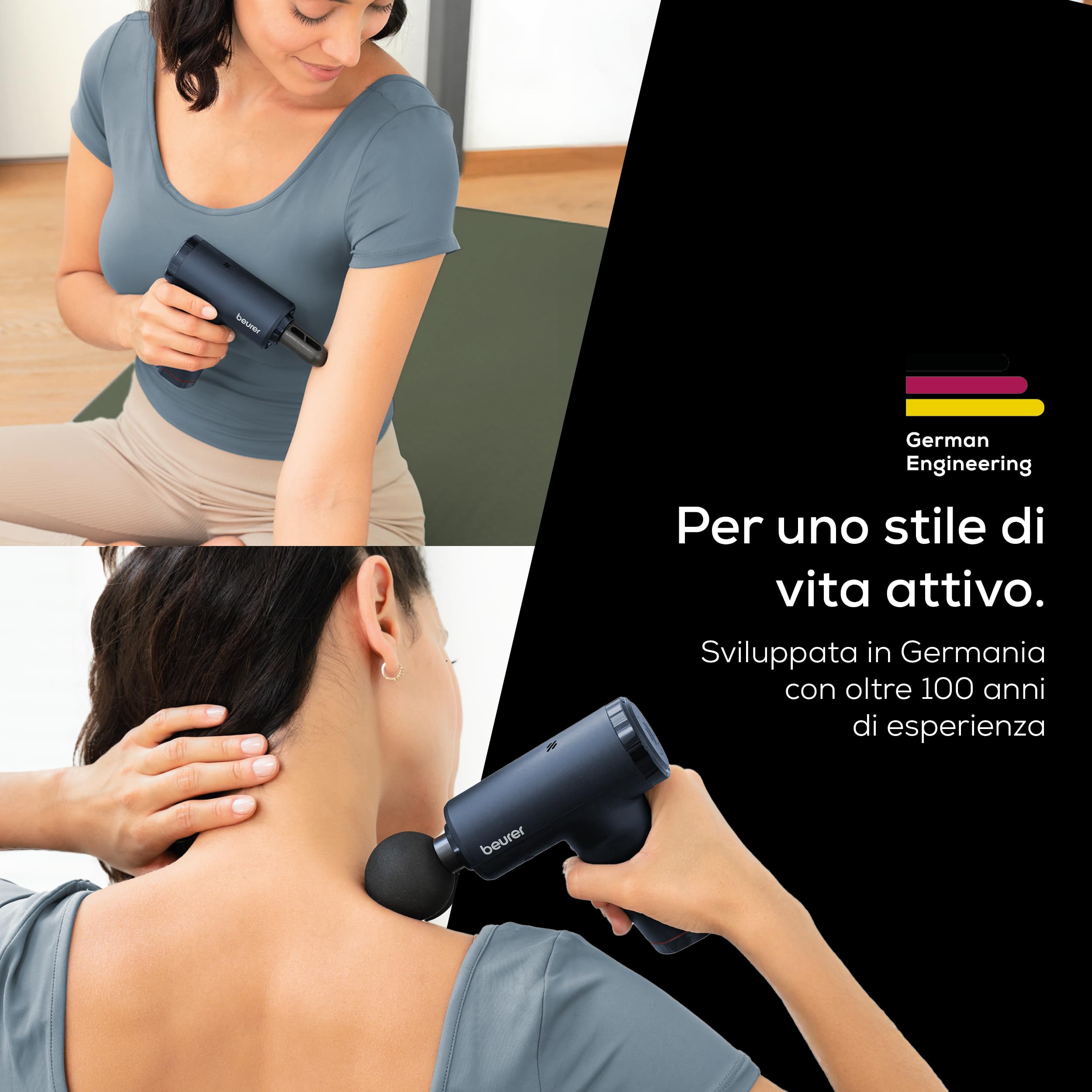 Beurer PowerReload pistola massaggiante, massaggio dei trigger point per rilassamento e rigenerazione, potente massaggiatore muscolare con 5 testine, 5 livelli di intensità, estremamente silenziosa