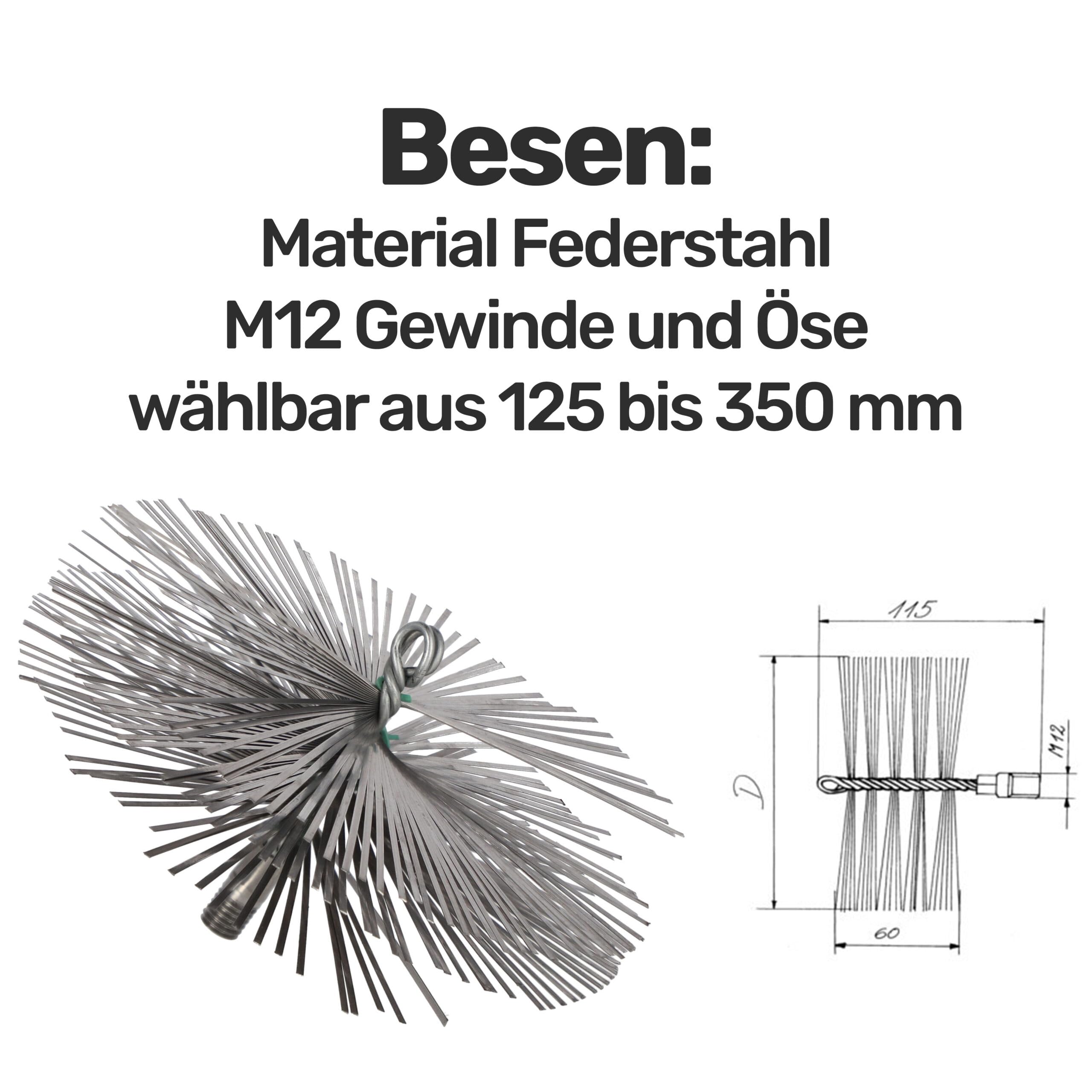 Schornsteinbesen Federstahl | Zuggewicht 1,9kg | Besengröße 200mm | Zugseil Länge 8m | Reinigungsset für effiziente Schornsteinpflege