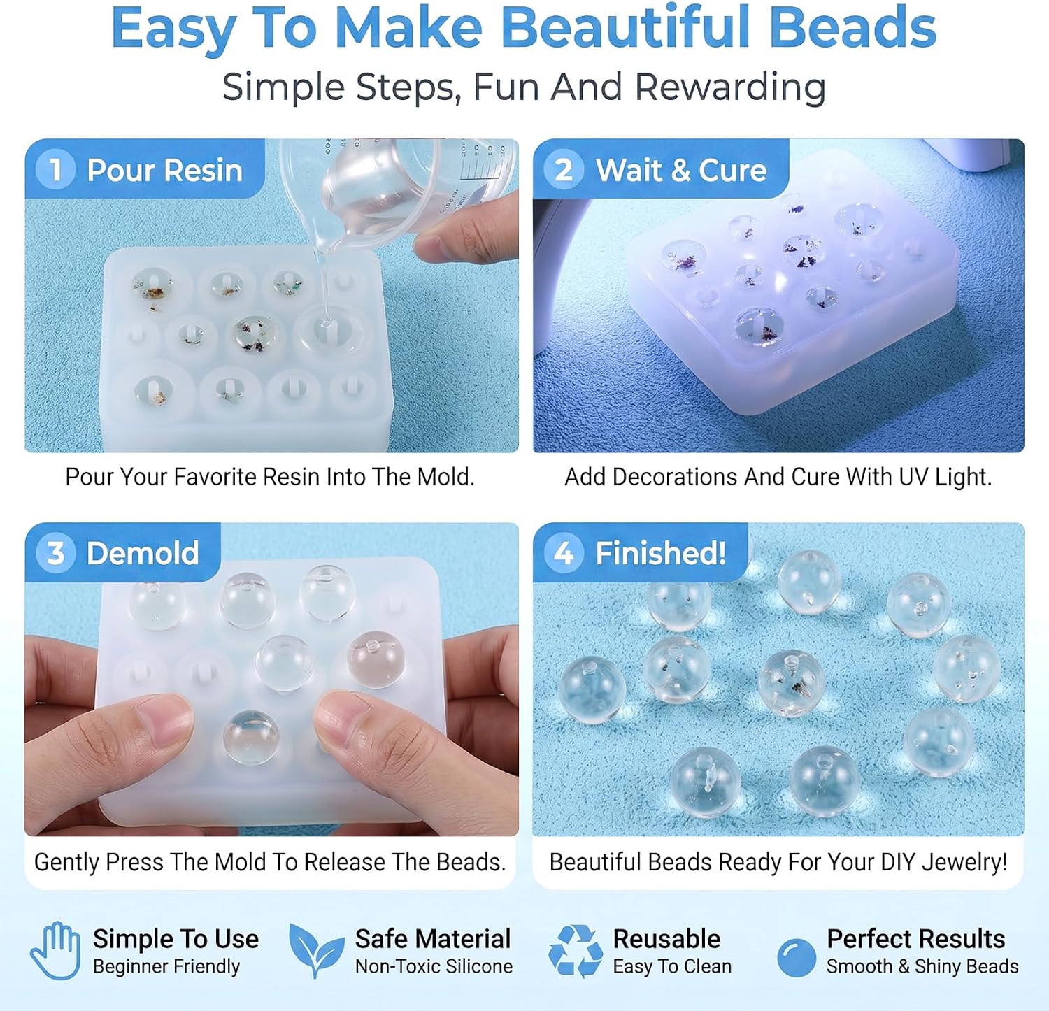 Ymapinc 2Pcs Resin Bead Mold, Silicone Sphere Resin Mold 10/12/14/18mm