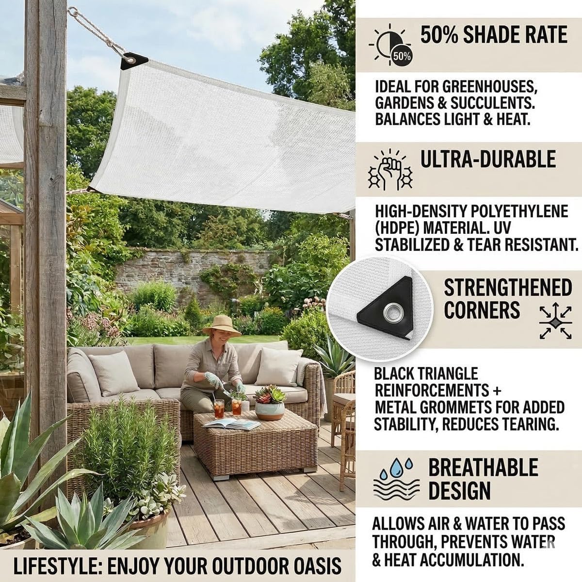 30 % weiße Rasur mit Ösen, UV-beständig, reißfest, für Gewächshaus, Garten, Terrasse, Pflanze, Blumen, Huhn, Carport, 4 x 8 m