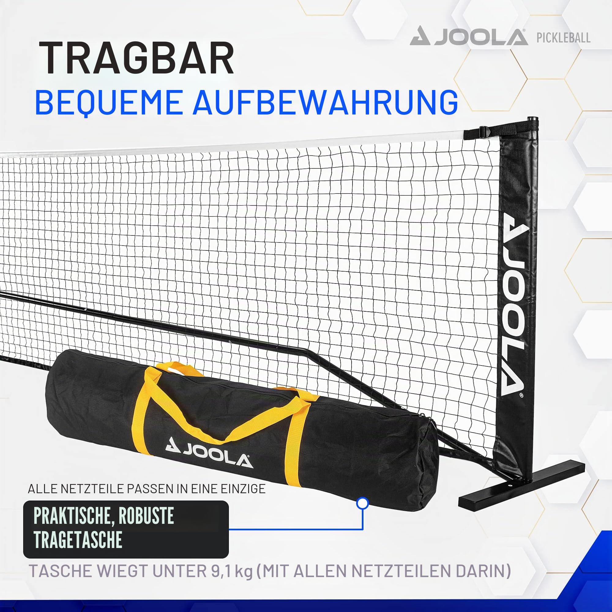 JOOLA Essentials Pickleball-Netz – Höhe 91,4 cm an Pfosten und 86,4 cm in der Mitte, USAPA empfohlene 56,9 cm Länge – Stahlrahmen und Robustes Netz, tragbares Pickleball-Netz inklusive Tragetasche