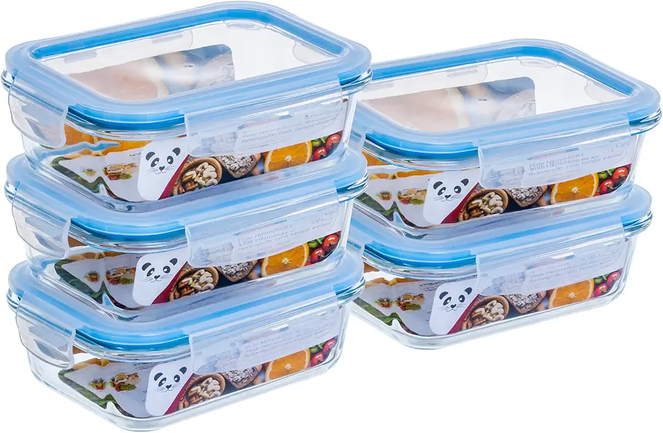 Gato Panda KIT 5 Potes de Vidro Retangular com Tampa Hermética 640ml Branco ou Azul