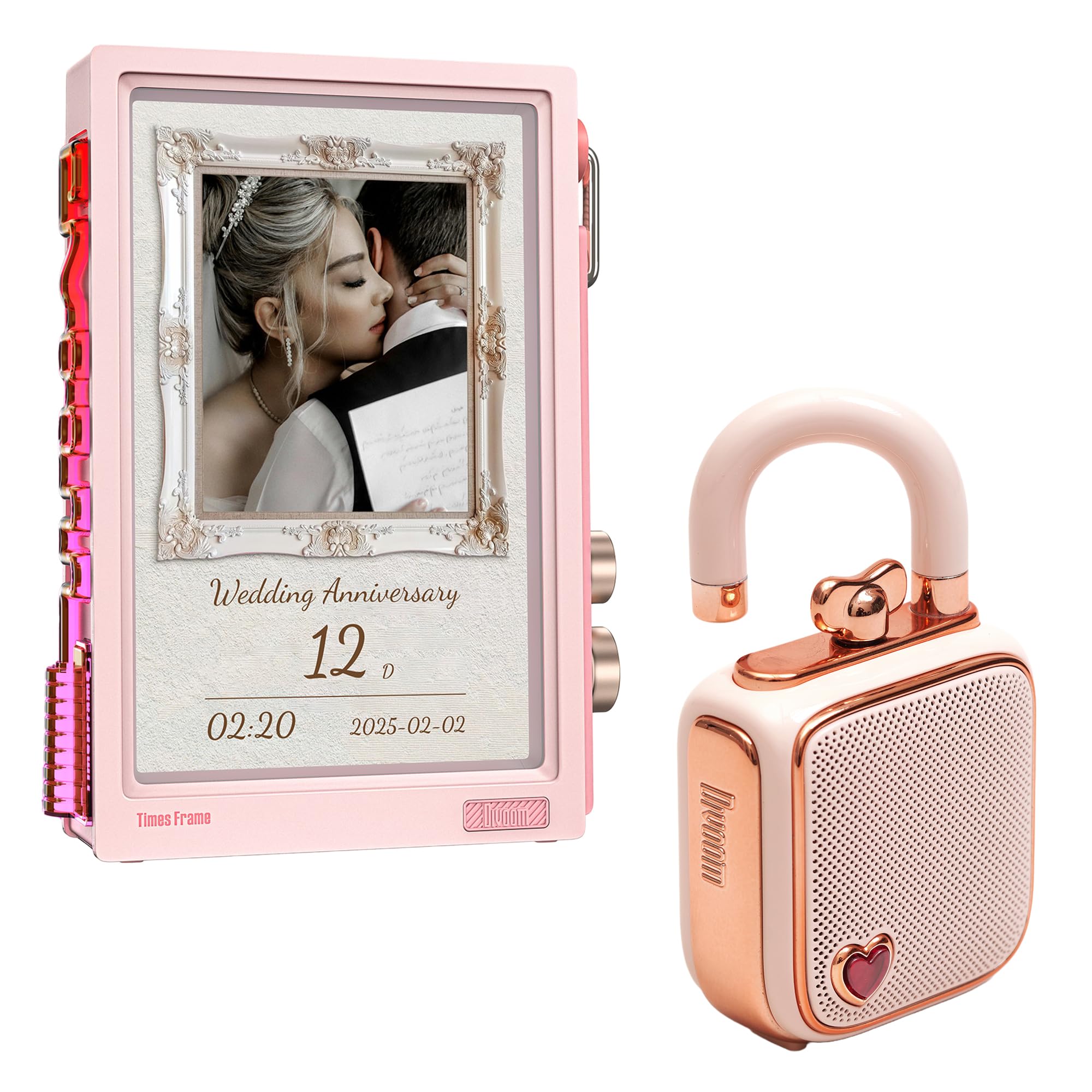 Divoom LoveLock Ses Kayıt Özellikli Bluetooth Hoparlör ve Times Frame Akıllı Dijital Çerçeve Hediye Seti, Pembe