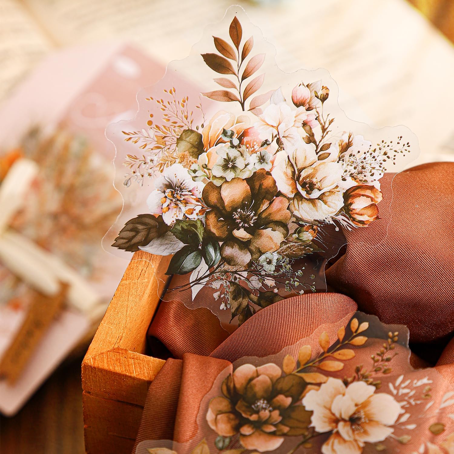 TIAMECH Amber Flower Shadow PET Stickers - 120 Pcs Branch Garland Flicker Design, Waterproof Sticker for Journaling & Scrapbooking, Junk Journal Supplies, Ephemera & DIY Crafts