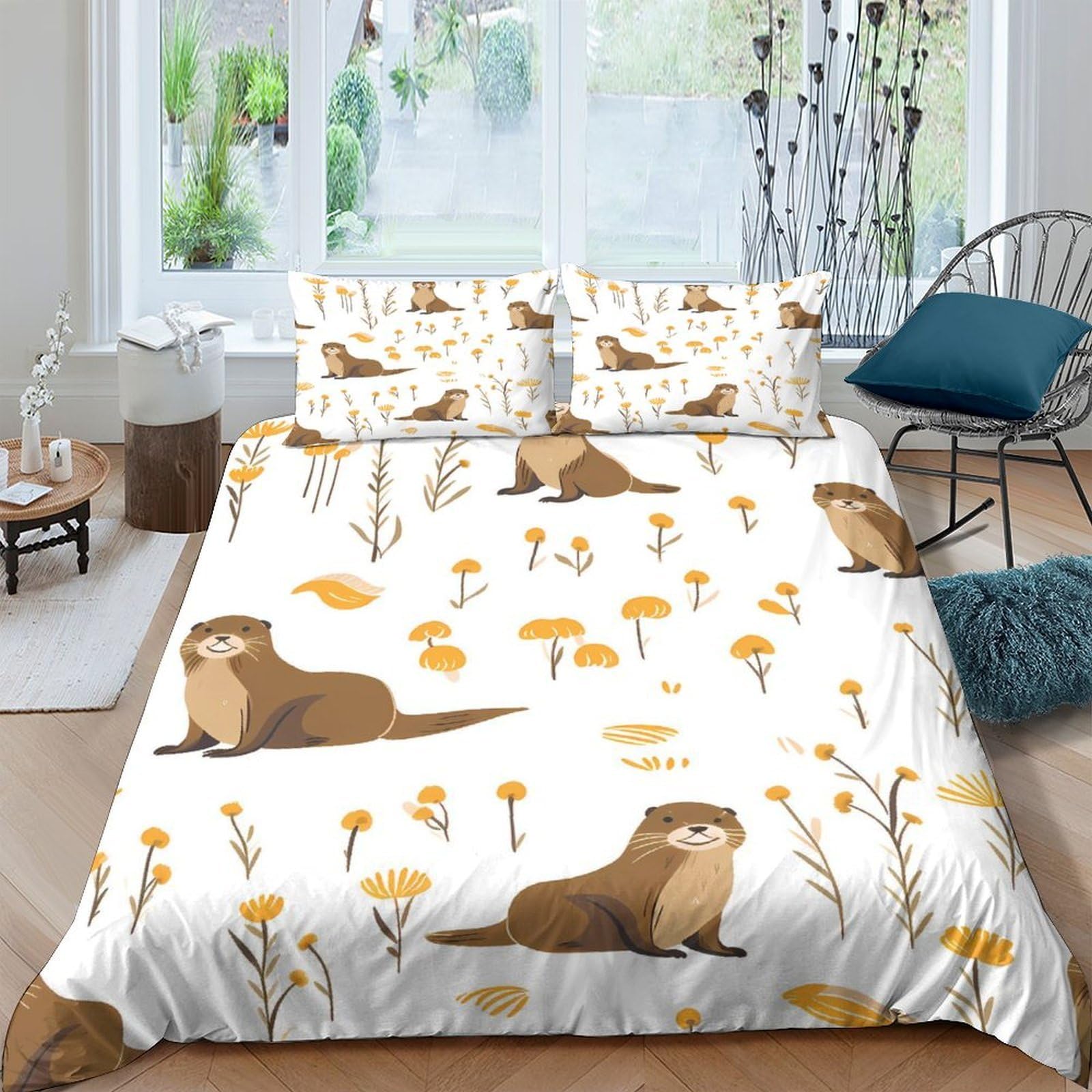Ctjqhvkz Style-10 3D Printed Otter Floral Fitted Sheet Microfiber Soft White Yellow Animal Mattress Cover For Bedroom Guest Room Easy Care Single（135X200cm）