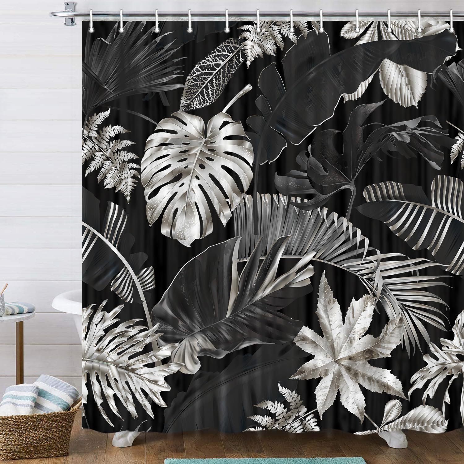 JAWO Tropical Leaves Shower Curtain, Watercolor Botanical Plant Palm Monstera Banana Leaf Decorative Shower Curtains, Polyester Fabric Waterproof Bathroom Shower Curtain Sets with 12 Hooks