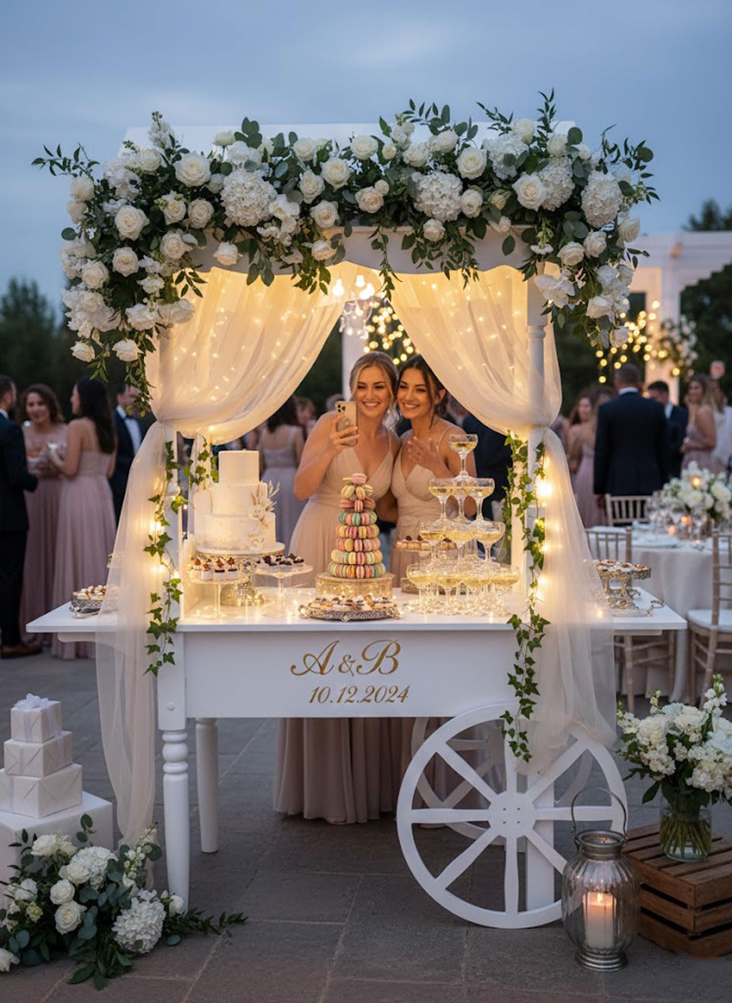 Carrito de caramelos blanco para bricolaje, mesa de 62 pulgadas, impresionante carrito de dulces para fiestas de cumpleaños, bodas y centros de mesa de baby shower, ruedas fijas para fotos