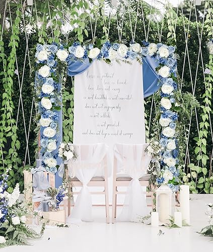 Miniatura 7 de DearHouse Guirnalda de peonías artificiales de seda con flores blancas y moradas para decoración de mesa de boda, 6 pies  hebra (blanco, azul y azul