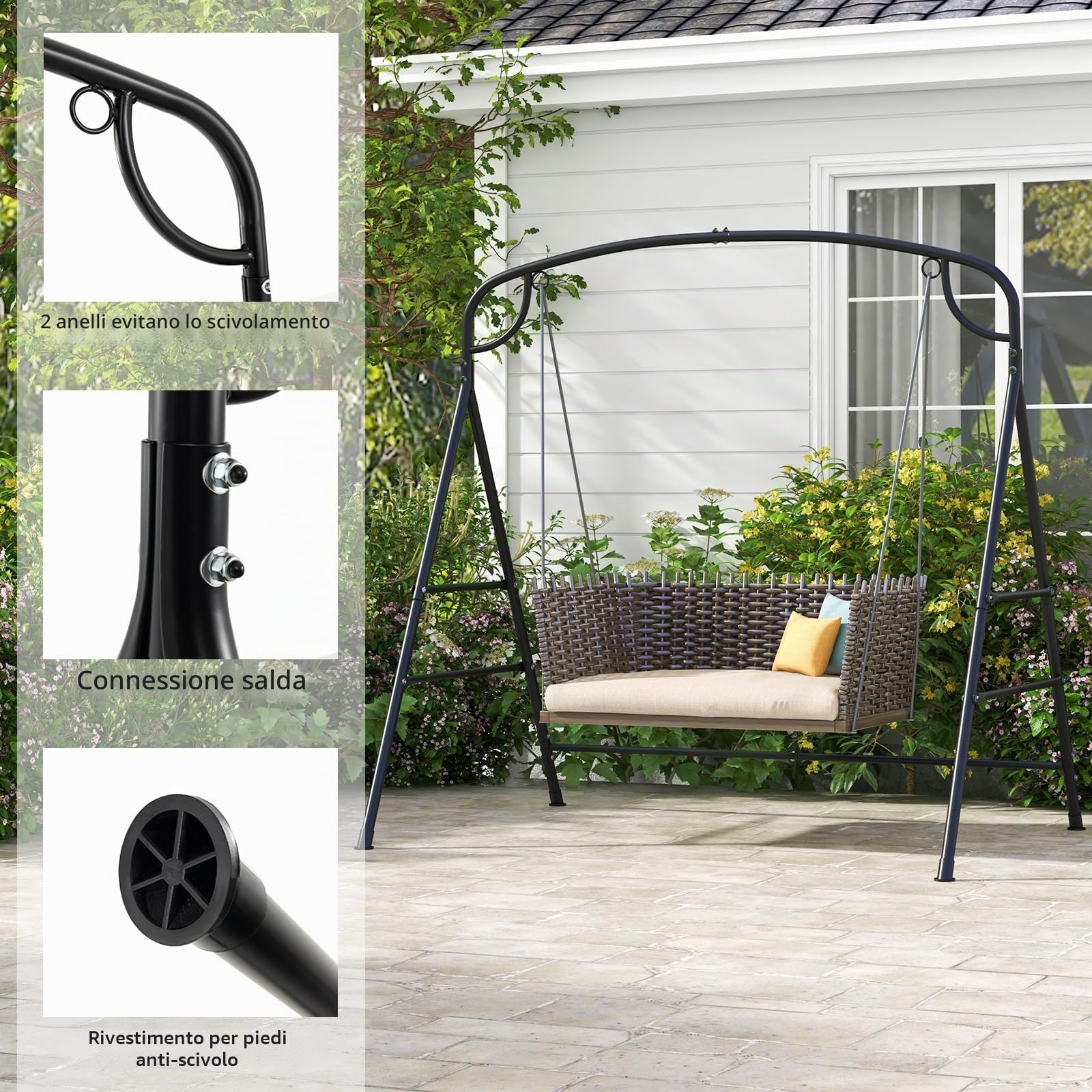 KOMFOTTEU Supporto per altalena in metallo, telaio per dondolo da giardino a forma di A, telaio per panca sospesa con carico di 300 kg, telaio con 2 anelli per balcone, veranda, 180 x 133 x 182 cm