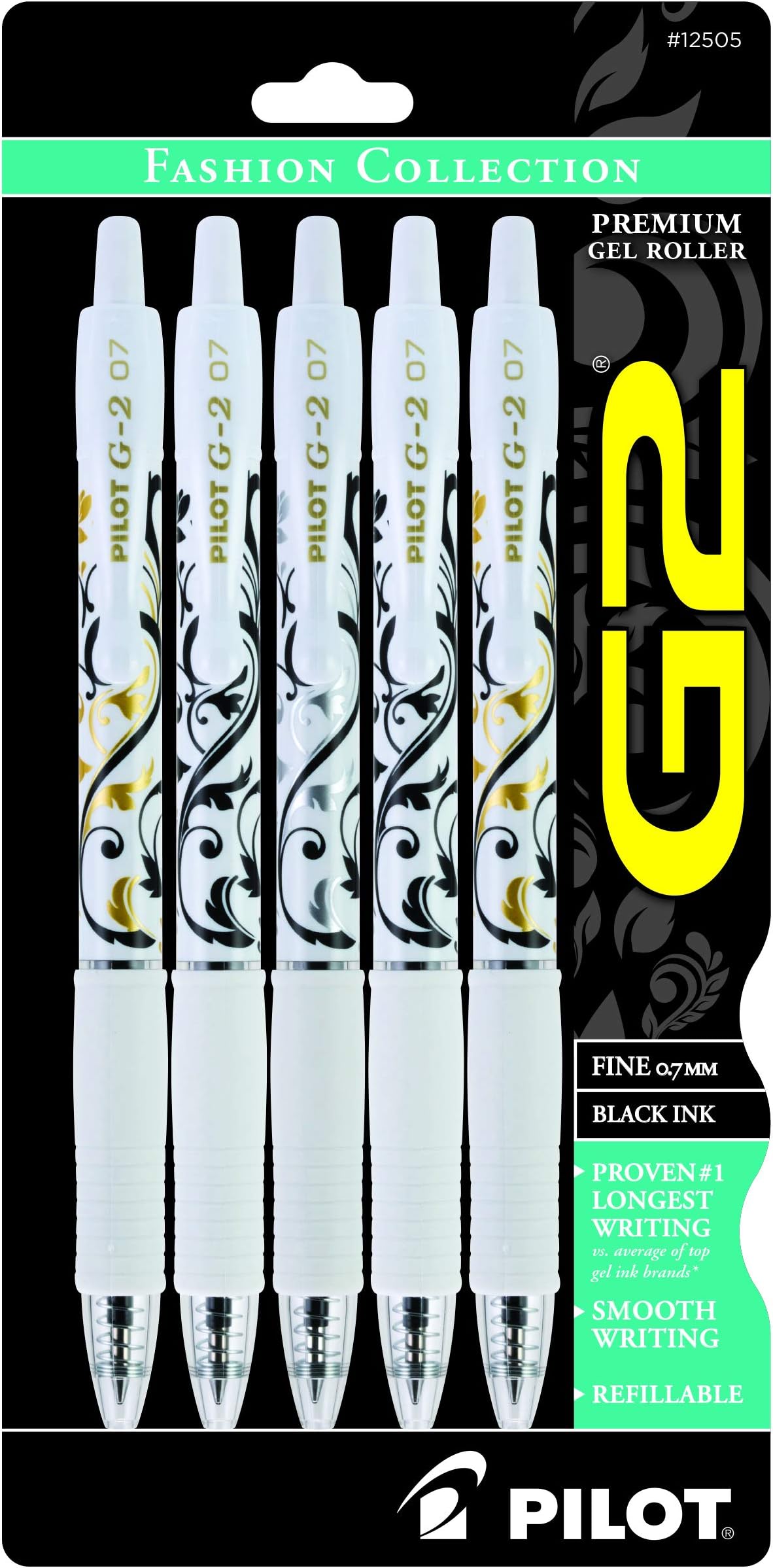 Pilot, G2 Premium Gel Roller Pens, Fine Point 0.7 mm, Fashion Collection, Black, Pack of 5
