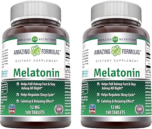 Miniatura 1 de Amazing Formulas - Suplemento de melatonina de 12 mg por porción, 180 tabletas, sin OMG, sin gluten, fabricado en Estados Unidos (sin sabor, 180
