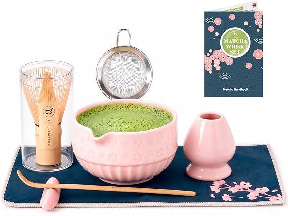 Matcha Whisk Set, Ceramic & Pink Matcha Set with Bowl, Bamboo Whisk, Scoop, Strainer, Scoop Rest, Holder, Cloth + Instruction Handbook Traditional Japanese Tea Ceremony Kit