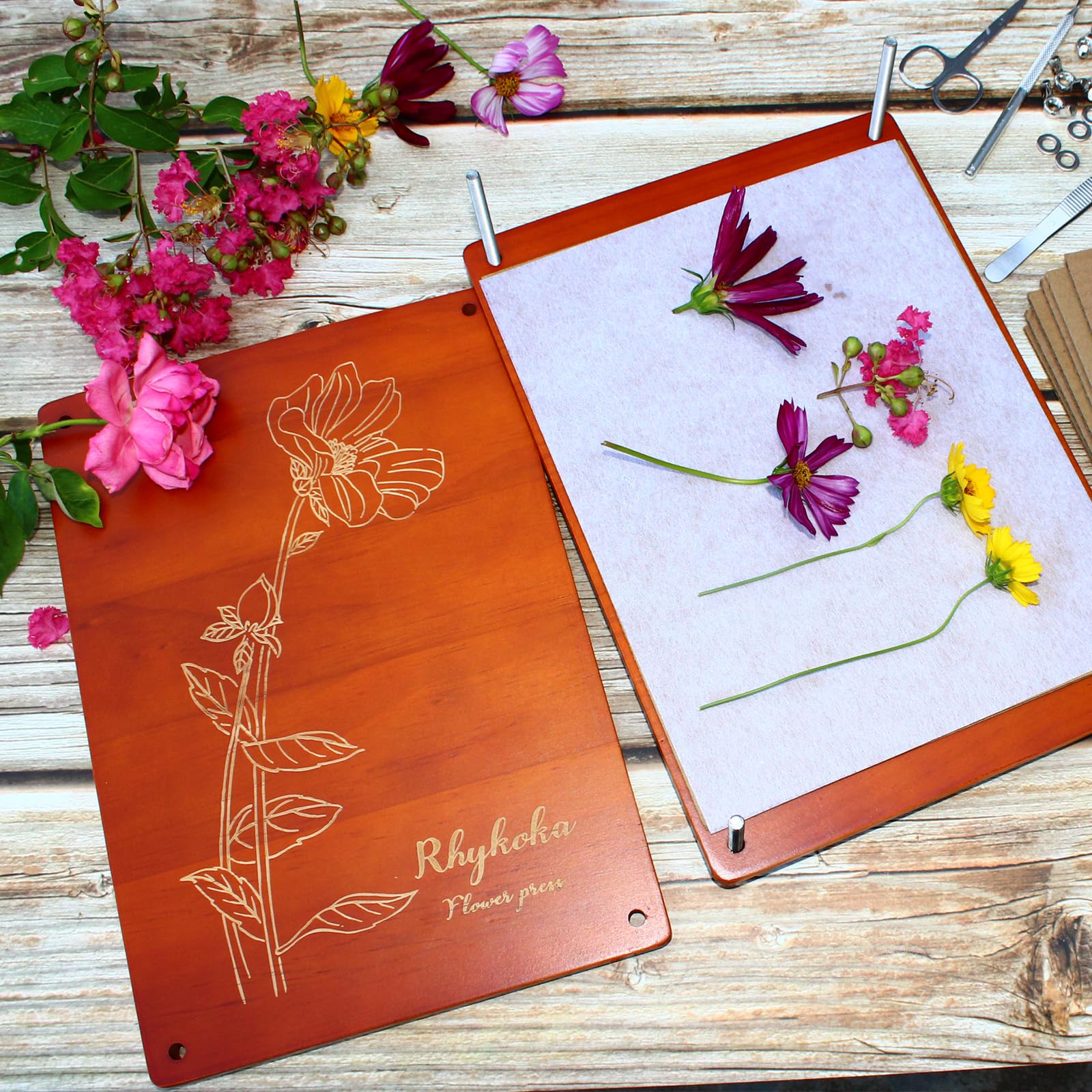 Rhykoka – Grand Kit De Presse à Fleurs 30x22 Cm – 10 Couches, 20 Feuilles, Bois De Tilleul – Pour Adultes, Artisanat Et Herbier