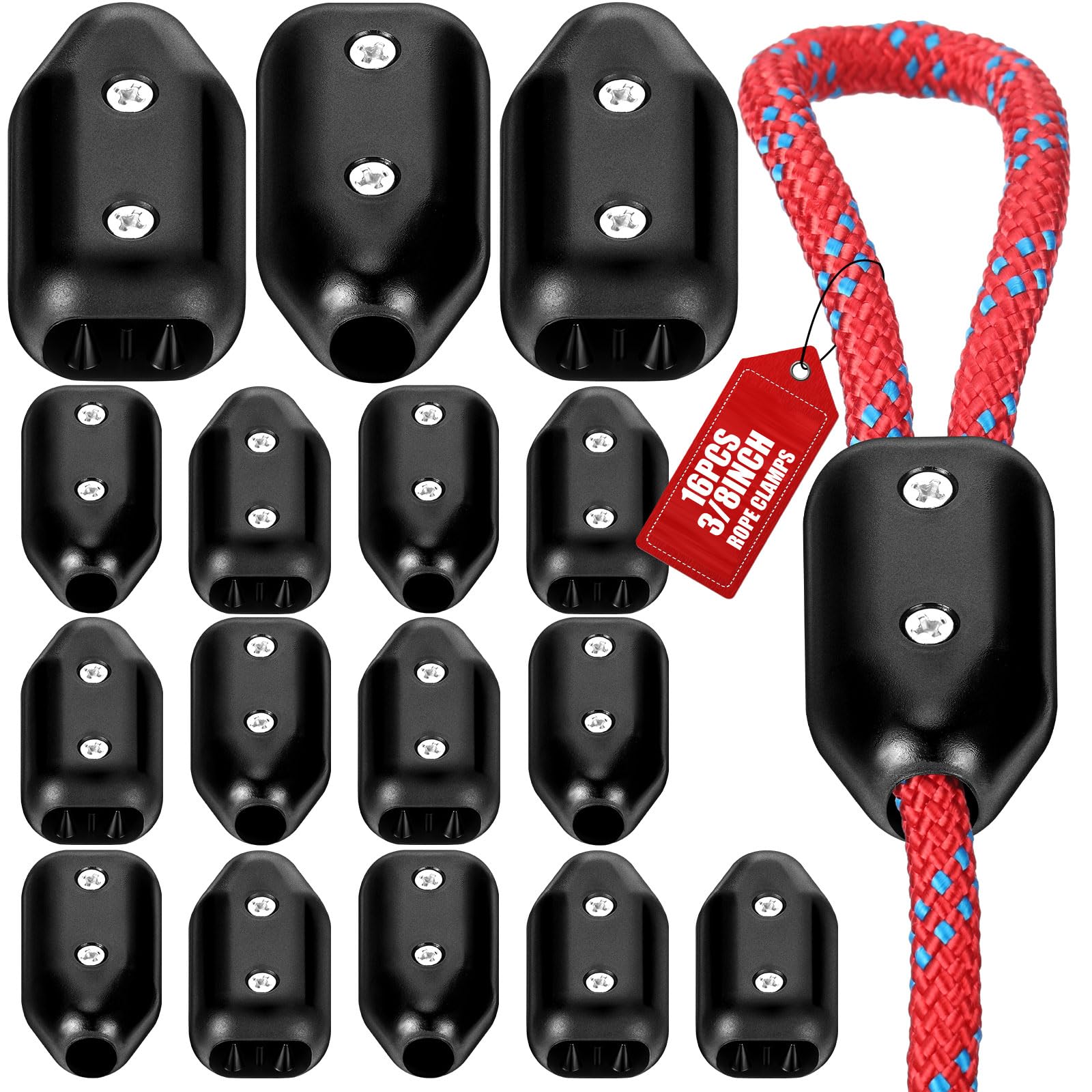 VioraWhite 16 Pcs Rope Clamps, Reusable Rope Clamp 3/8 Inch Black Plastic Cord Connector Suitable for 7-8 mm Nylon or Braided Cord