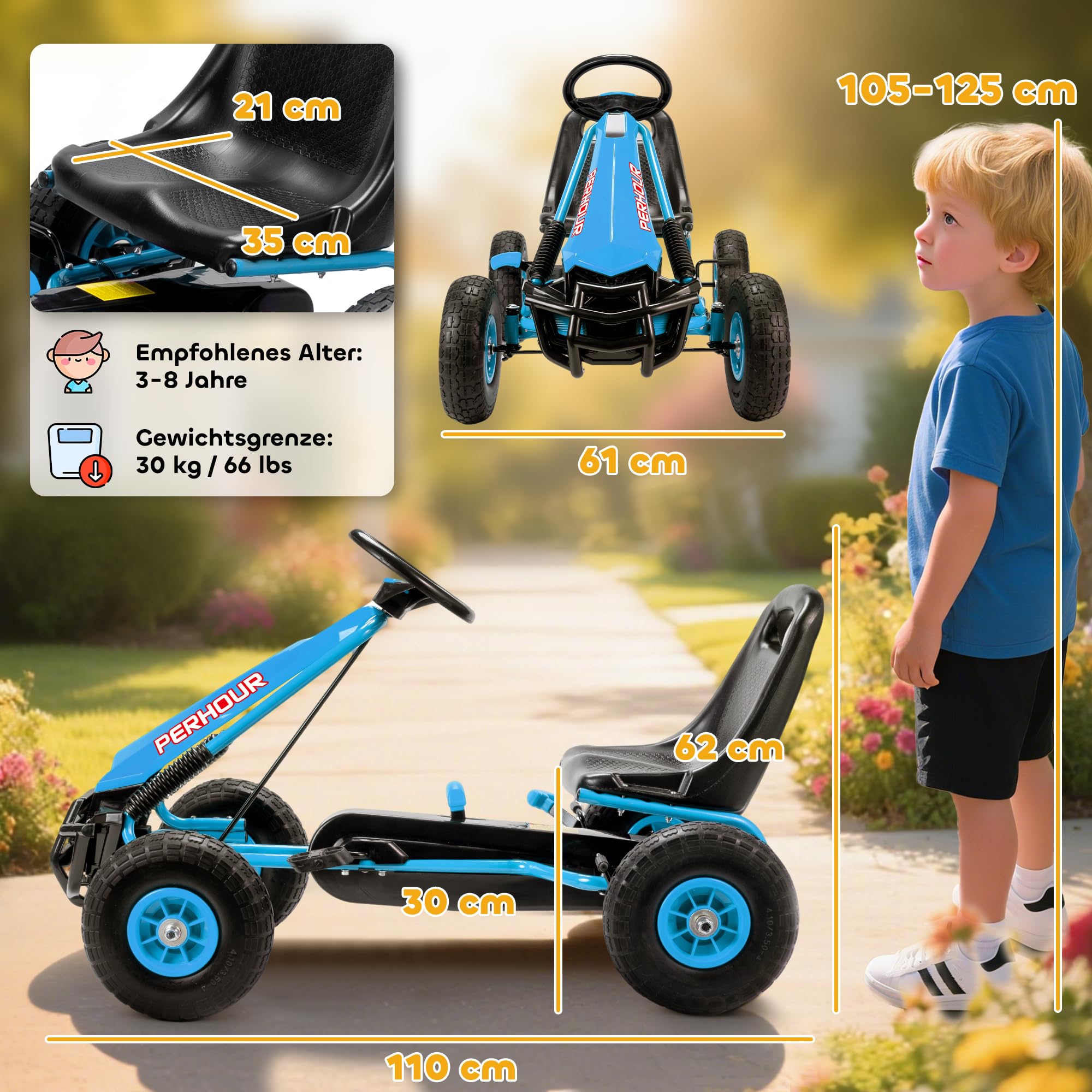 AIYAPLAY Gokart, Tretauto mit Handbremse, verstellbarem Sitz, Vor- und Rückwärtsgang, Pedalantrieb, Kinderfahrzeug mit Eva Reifen, manueller Kupplung, Tretfahrzeug für Kinder 3-8 Jahren, Blau