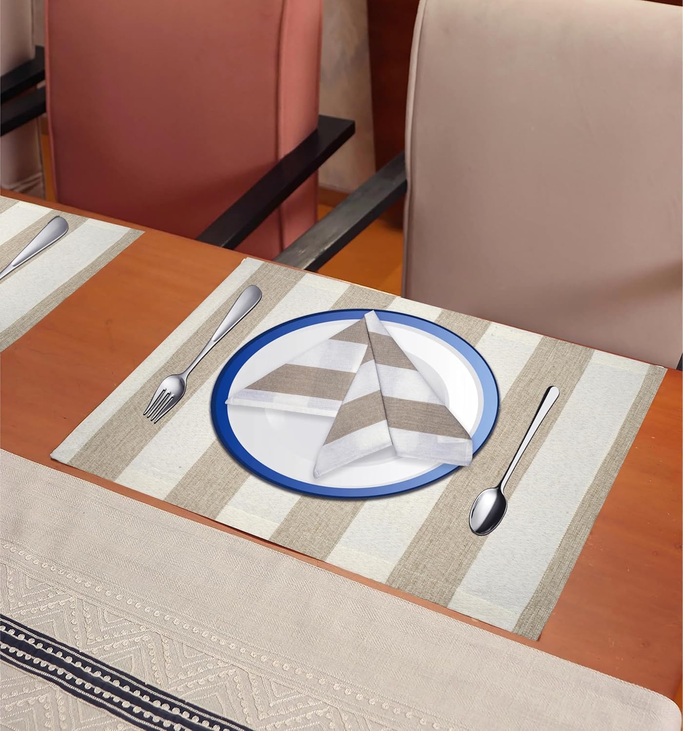 Cloths Big Stripe Placemats for Dining Table Set of 4, Heat Resistant Washable 100% Cotton Table Mats, Modern Place Mats for Dining Table Decor 13" x 19", Beige