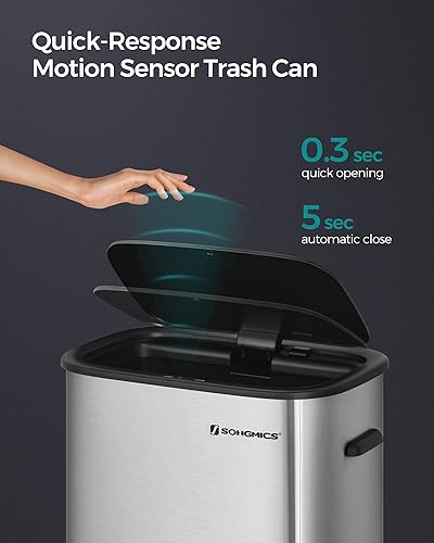 Miniatura 3 de SONGMICS Bote de basura automático con sensor de movimiento, 13 galones con tapa de cierre suave y anillo de retención de bolsa, acero inoxidable