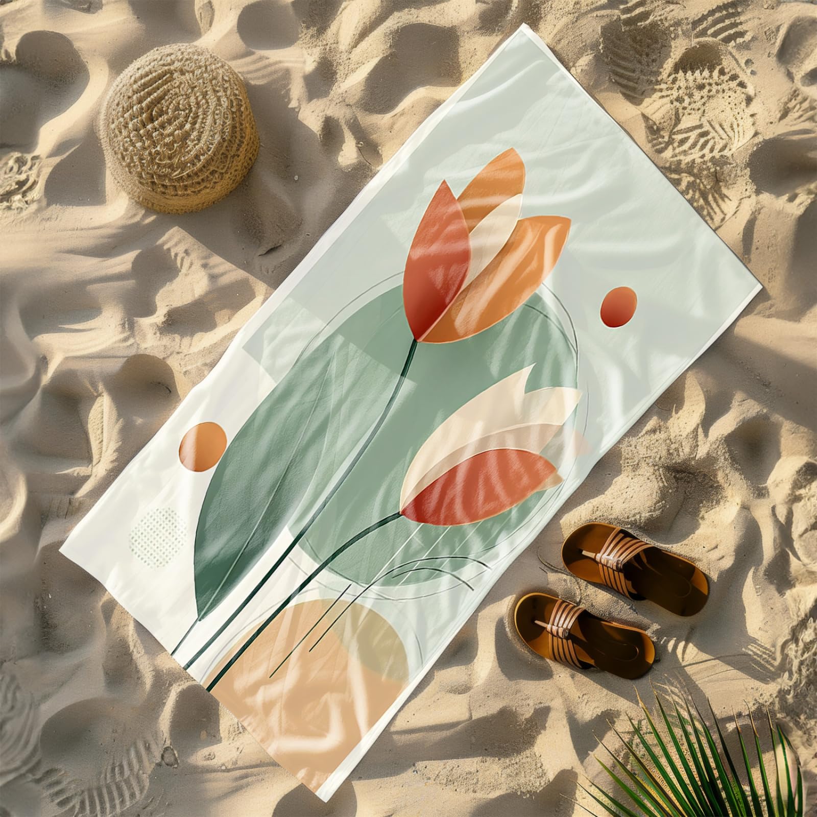 Générique Serviette Microfibre Plage Fleur Orange Ronde Vert Clair