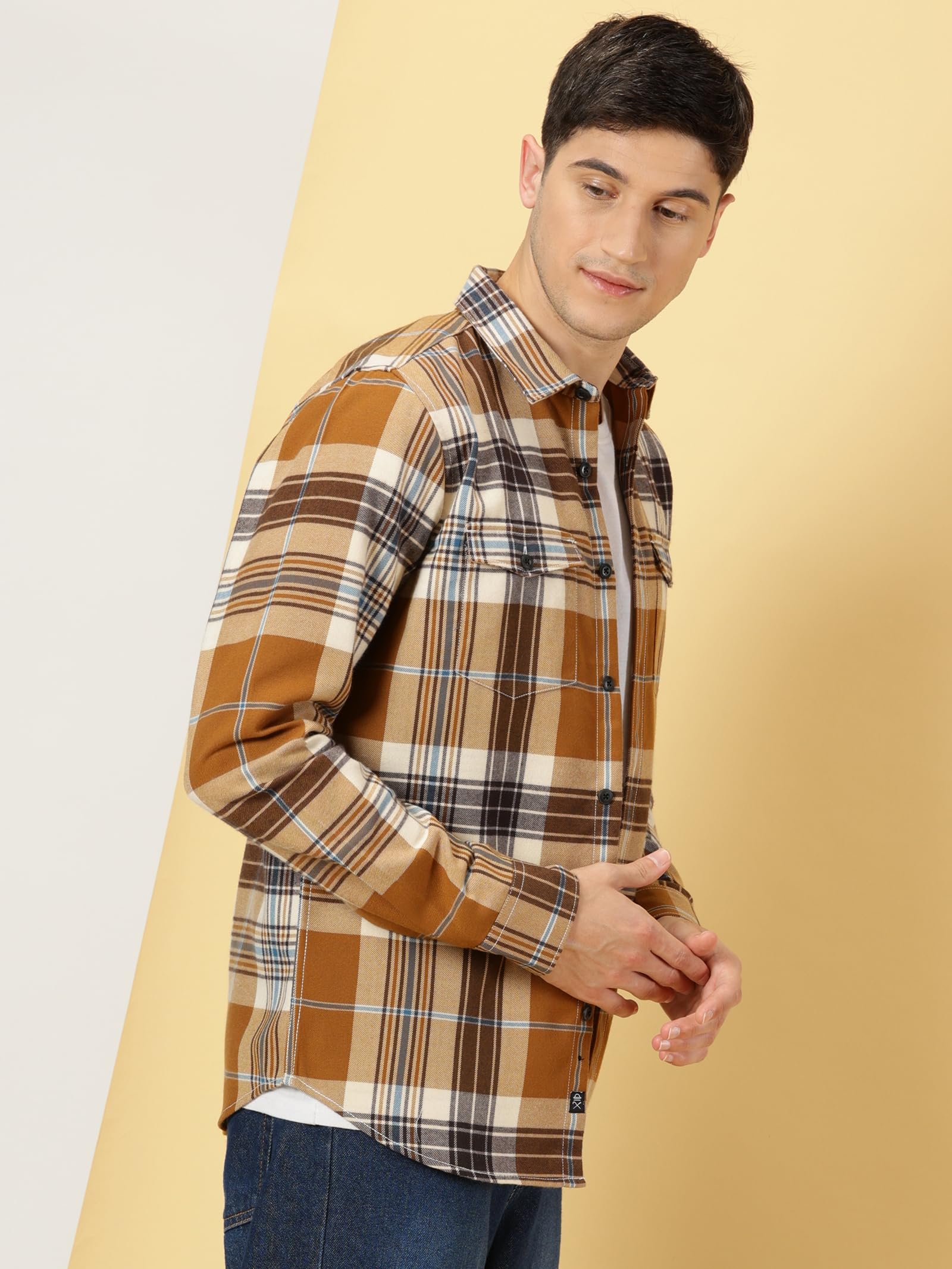 Thomas Scott - Camisa casual a cuadros para hombre (corte recto, 100% algodón, doble bolsillo, cuello ancho