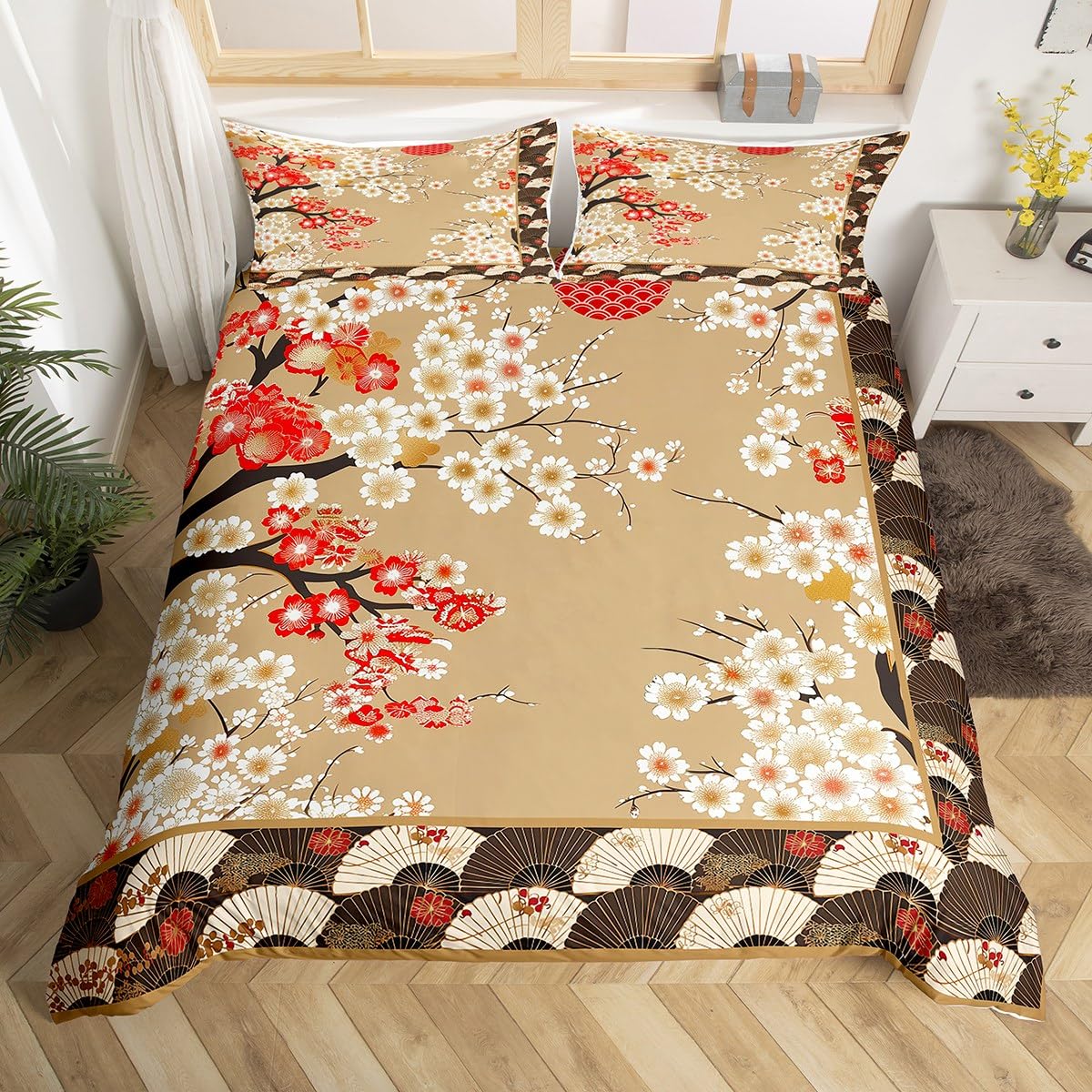 Homemissing Japanese Style Duvet Cover Set King Size For Kids Boys Girls Adults Cherry Blossoms Bedding Set Japanese Wave Red Sunset Duvet Cover with 2 Pillowcases — image 1