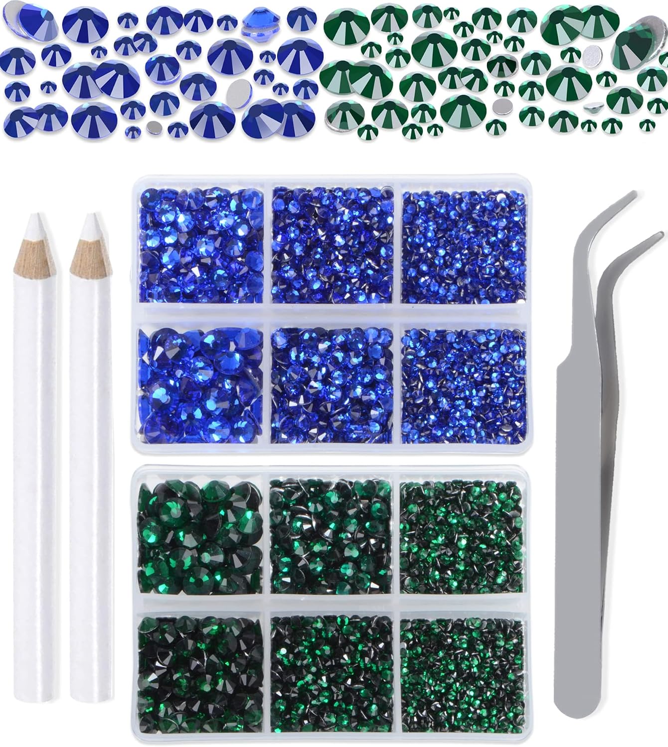 LPBeads 6000 adet zümrüt ve safir düzeltmesiz yapay elmas, 6 farklı ebatta, yuvarlak kristal cam, düz sırt, yapay elmas, cımbız ve tırnak sanatı, el işi, kıyafet çantası, kendin yap için