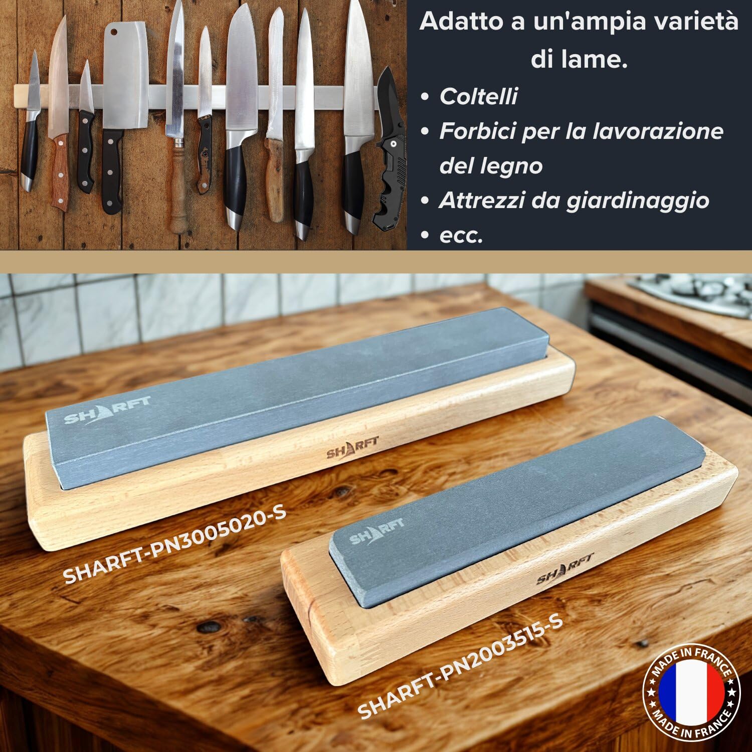 SHARFT, pietra per affilare naturale dei Pirenei, equivalente a grana 1000 + base in legno. Pietra per affilare 300 mm. Affilacoltelli da cucina, ecc. Affilacoltelli professionale. PRODOTTO IN FRANCIA
