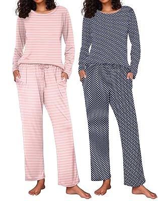 Ekouaer 2 Pack Womens Pajama Sets Long Sleeve Pjs Lounge Set Soft Comfy Sleepwear Winter Loungewear