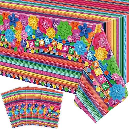 Vista 10 de Mantel de plástico para fiesta mexicana, 4 unidades, diseño de flores de papel a rayas mexicanas, decoración rectangular para fiesta de taco
