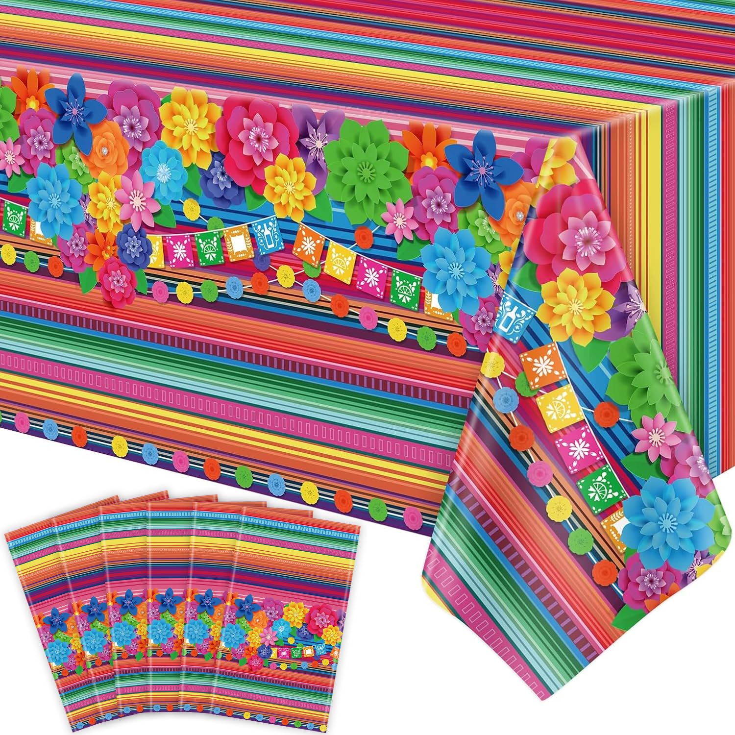 6PCS Mexican Fiesta Tablecloth Cinco De Mayo Plastic Table Cover Mexico Colorful Striped Paper Flower Table Cloth Mexican Holiday Theme Rectangle Decoration for Fiesta Taco Party Supplies 51X86IN