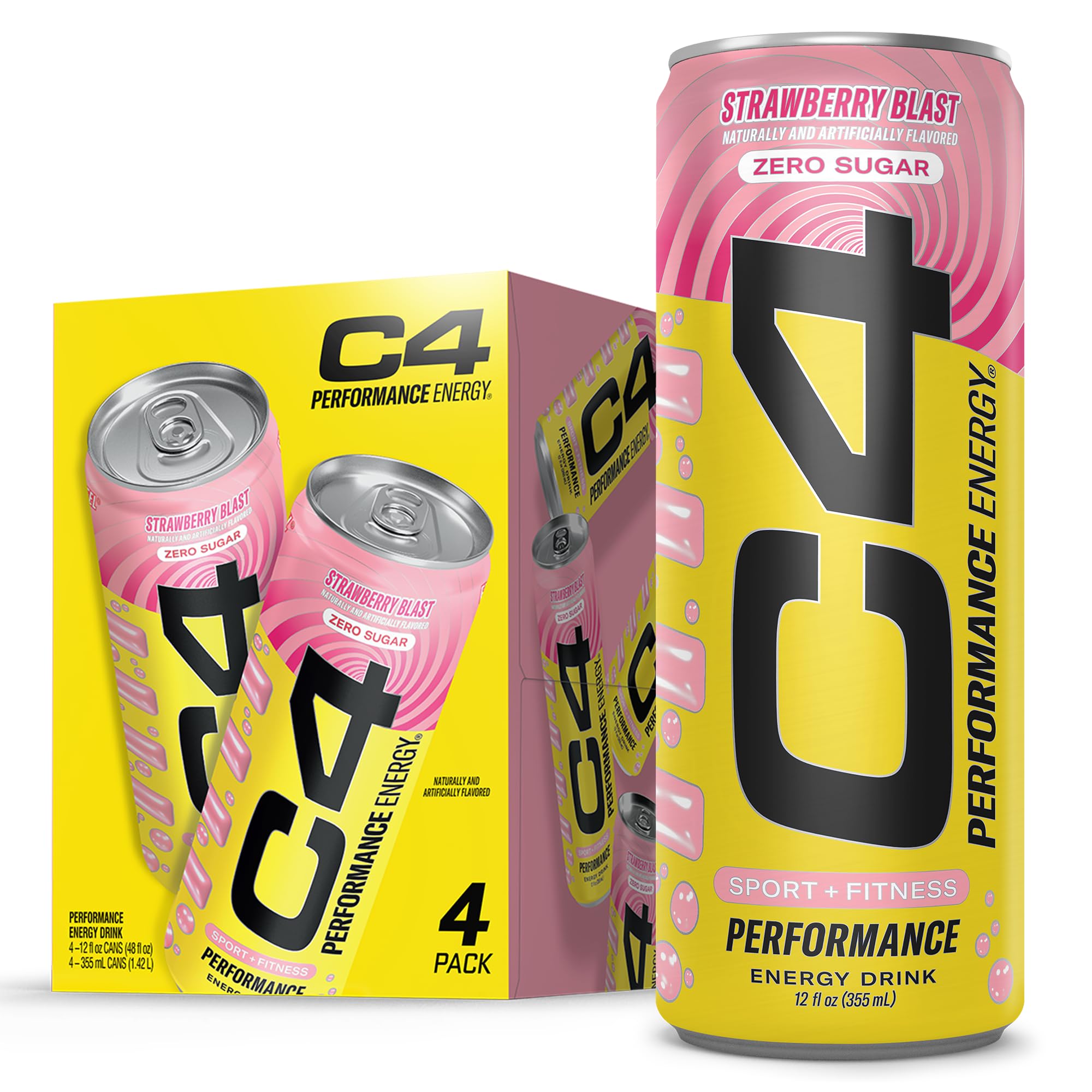 C4 Performance Energy Carbonated 12oz 4pk Strawberry Blast, Strawberry, 12 Fl Oz (Pack of 4)