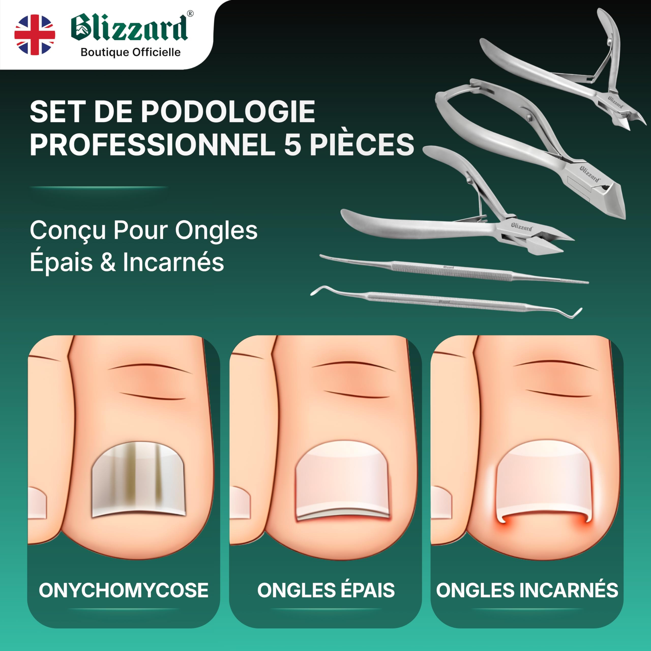 Blizzard Kit Pédicure Professionnel et Coupe Ongle Pied - Set de Podologie 5 Pièces pour Ongles Incarnés et Épais - Pince Coupante, Lime et Releveur - Acier Inox - Soin des Pieds Seniors et Hommes