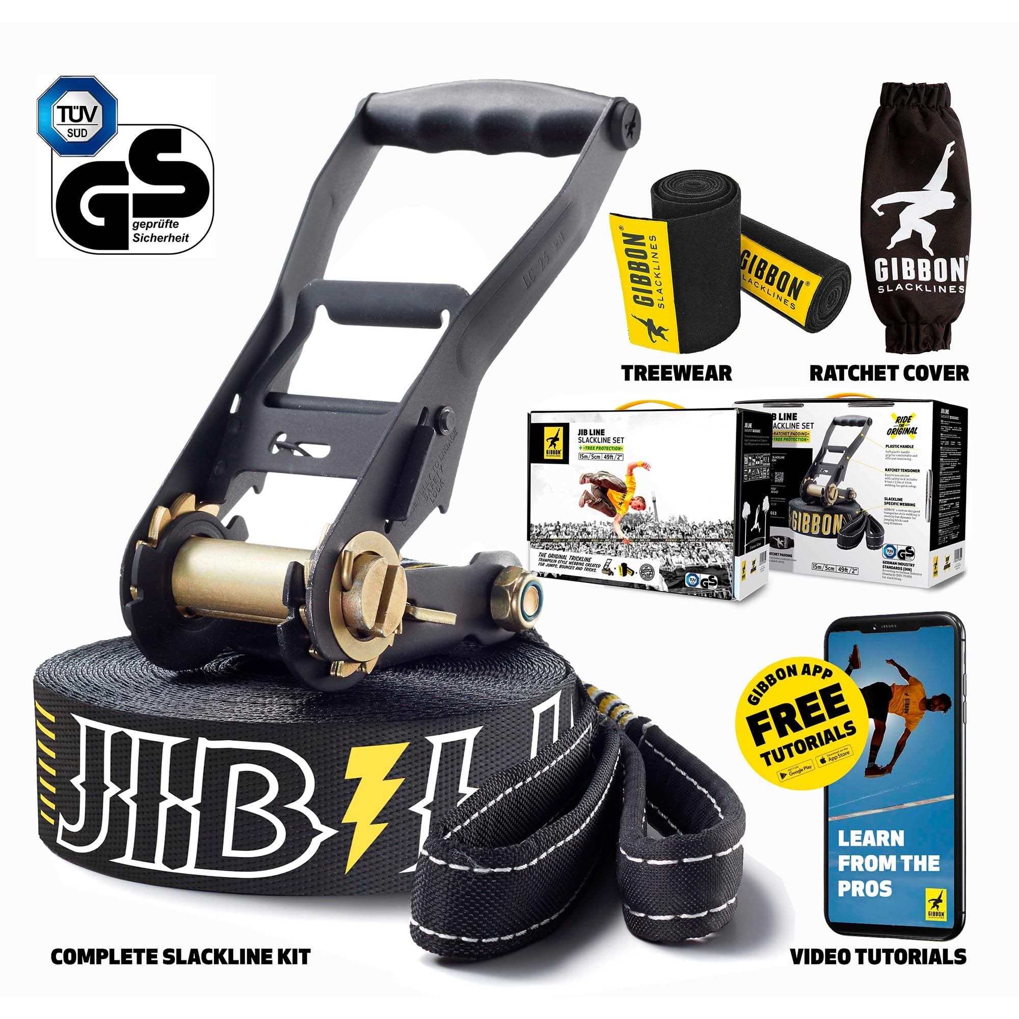 GIBBON JibLine Slackline with TreeWear - Jumpline & Trickline 15 m Slack Line - Linia 12,5 m x 5 cm i pasek zapadkowy 2,4 m ze wzmocnioną pętlą