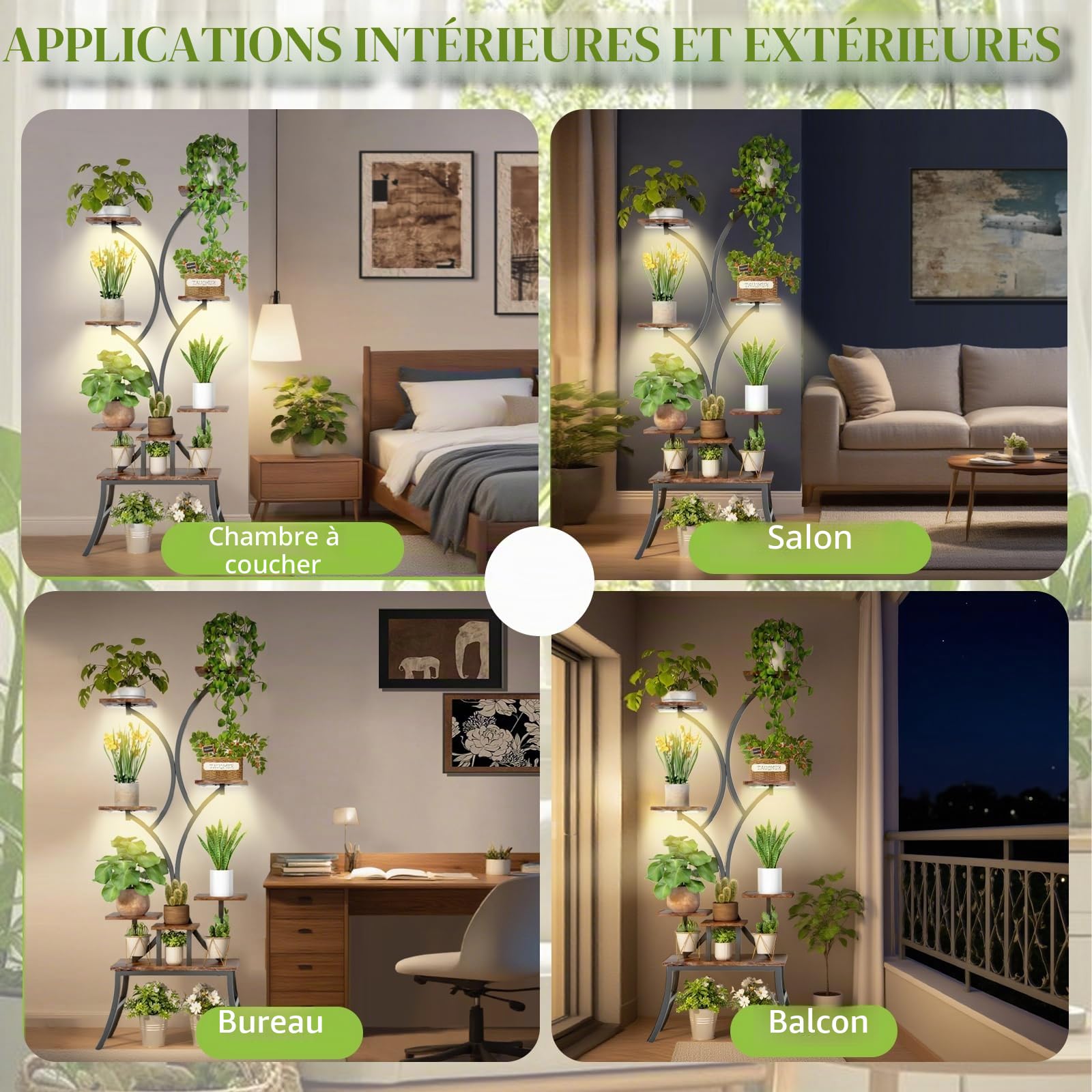 Support pour plantes d'intérieur avec lampes de croissance,étagère haute à 8 niveaux,160cm présentoir d'angle en métal pour fleurs support pour plantes pour terrasse