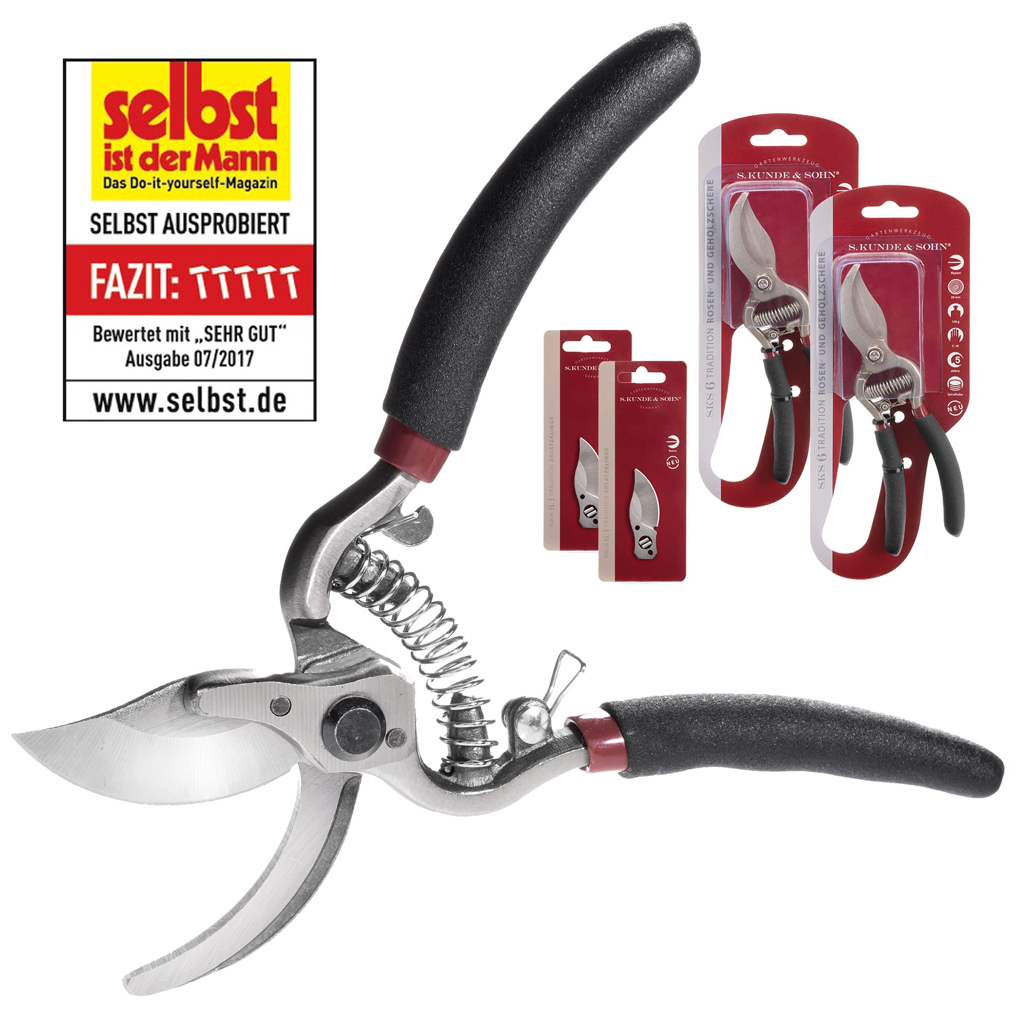 S. Kunde & Sohn Germany – die leichteste geschmiedete Gartenschere 2x SKS6 Tradition + 2 Ersatzklingen GRATIS – ergonomisches Design – Bypass – Rosen-Rebschere – frische Äste & Zweige bis 20mm