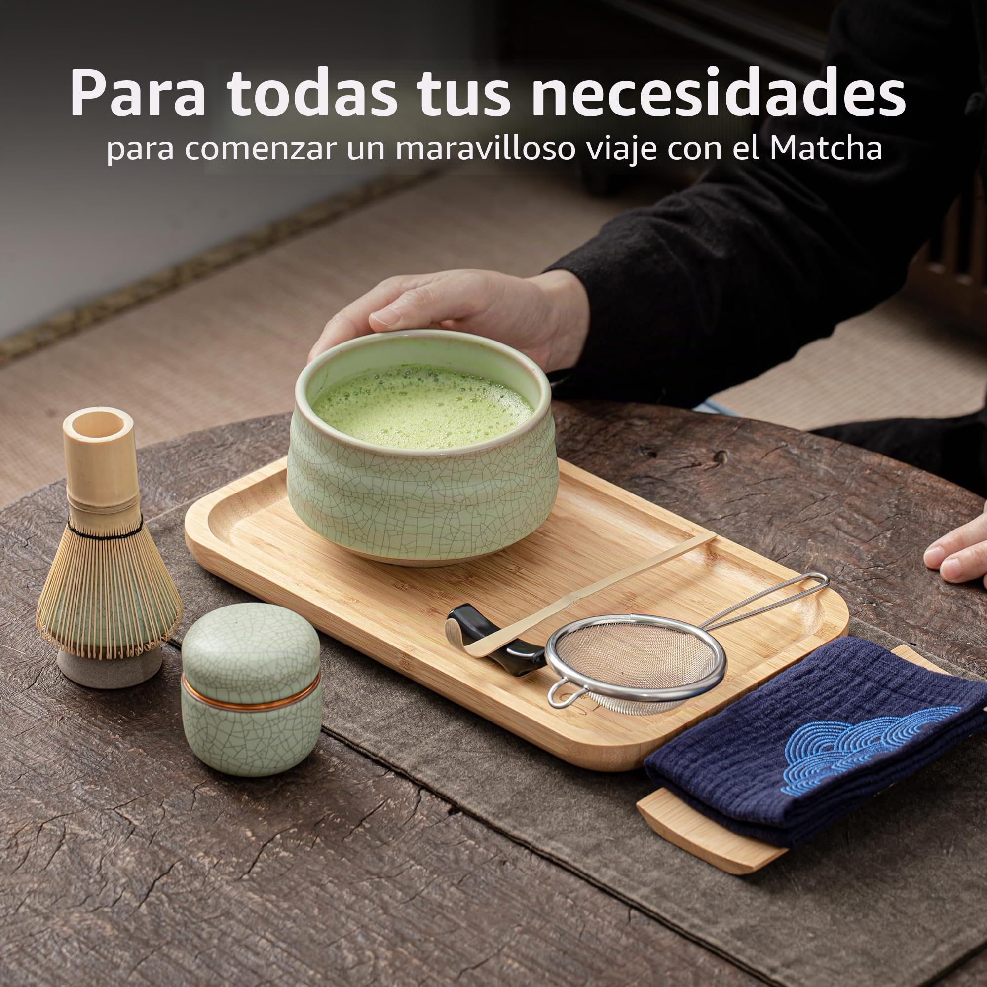 TEANAGOO Juego de té japonés, juego de batidores Matcha, cuenco batidor de bambú Matcha (chasen), pala (chashaku), soporte para batidor, O6, bandeja de té en polvo de té verde