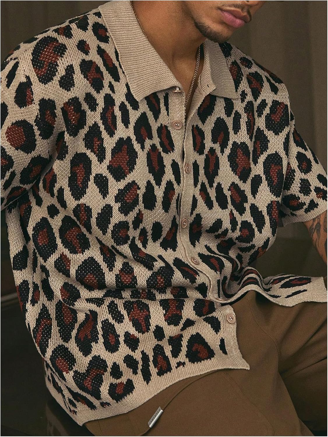 Men's Leopard Sweater Y2k Cheetah Button Down Shirt Streetwear Short Sleeve Knit Crop Tops Cardigan - Image 3