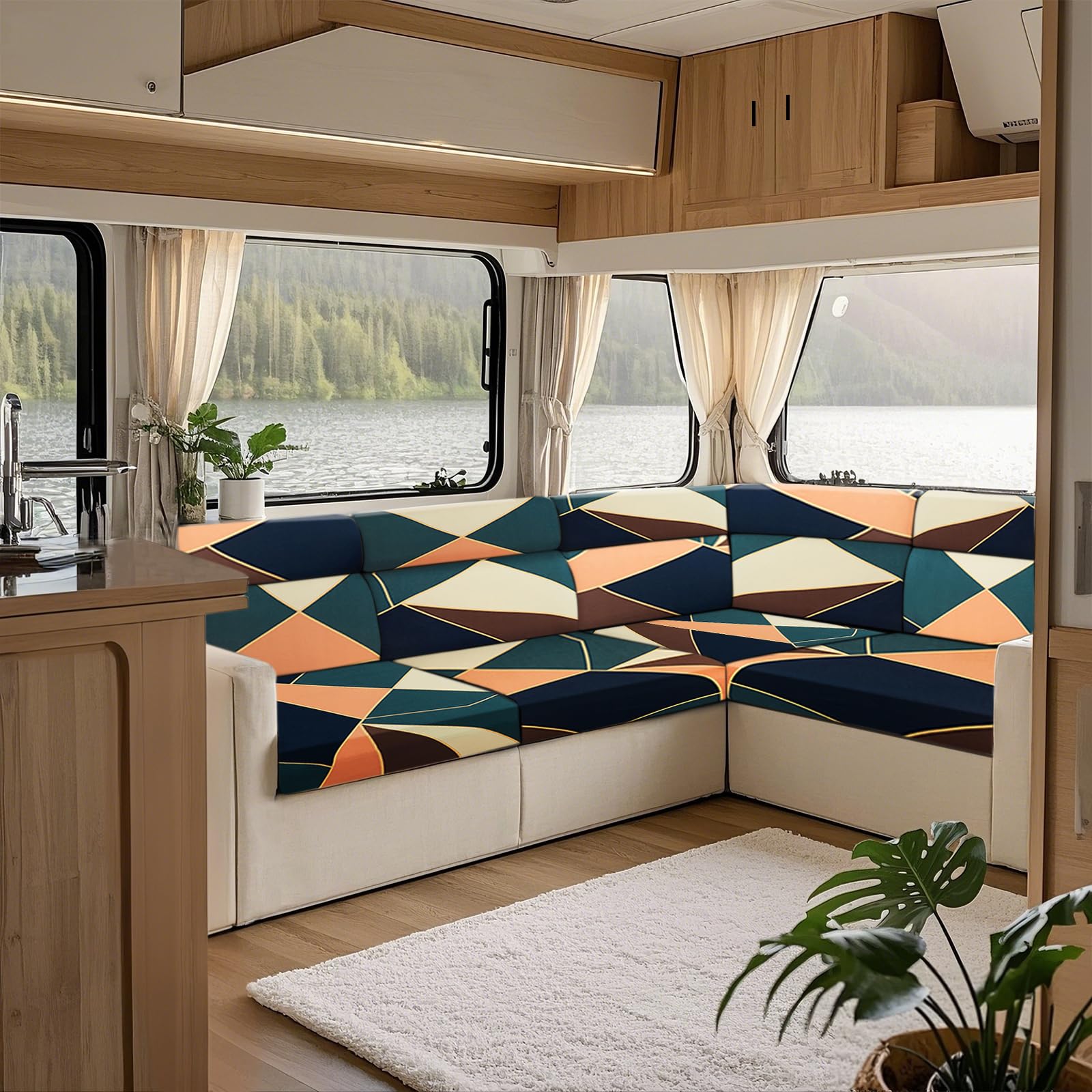 KYJSW Printed Sofa Seat Cushion Cover, Stretch Non Slip RV Dinette Cushion Covers With 2 Straps, For Couch/Caravan/Camper/Car/Bench (Green,W 50-63cm, D 50-65cm)