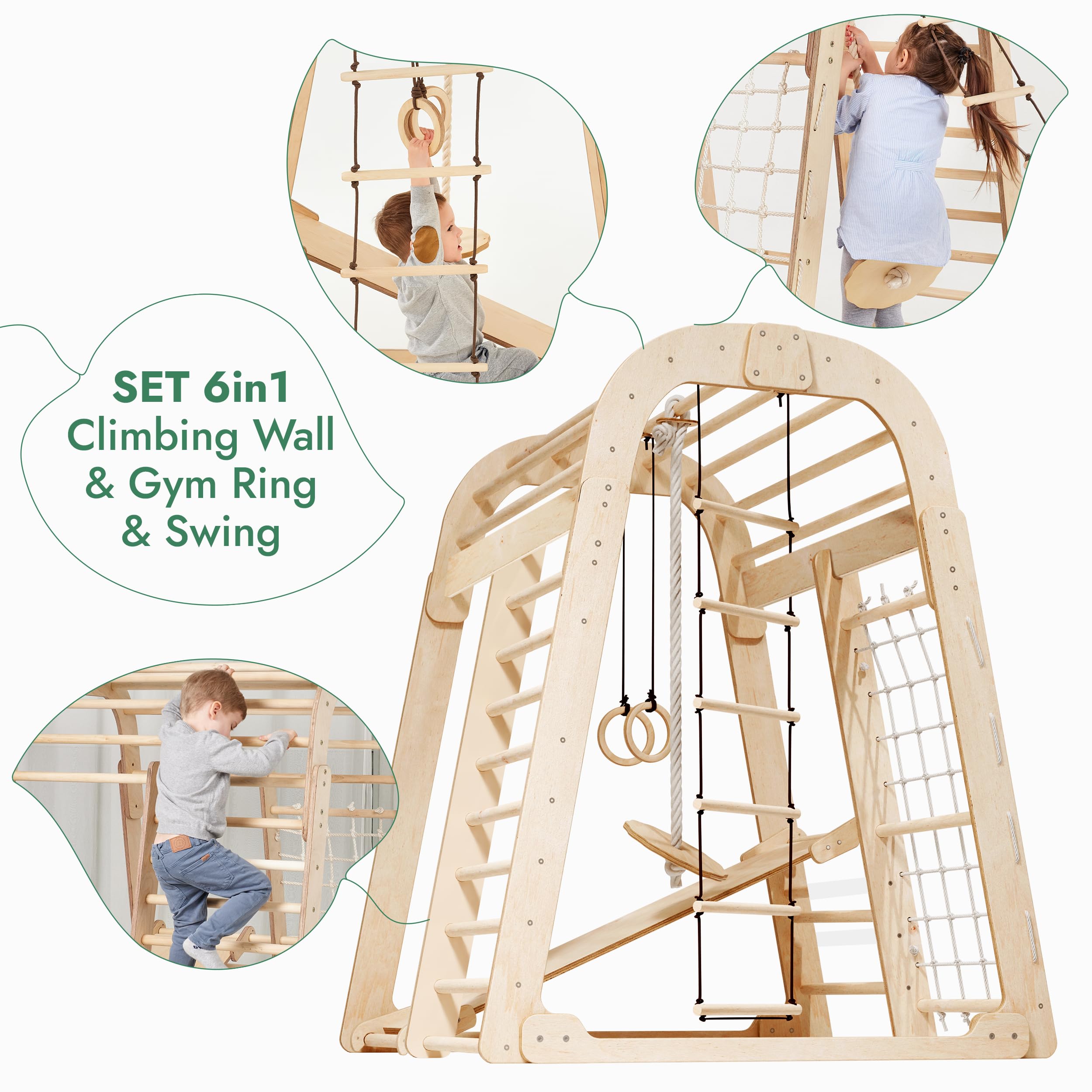 Goodevas Montessori drewniany plac zabaw do wspinaczki z drewna dla dzieci do użytku wewnątrz i na zewnątrz, drewniany plac zabaw ze zjeżdżalnią, huśtawką, ścianką wspinaczkową, linką do wspinaczki i