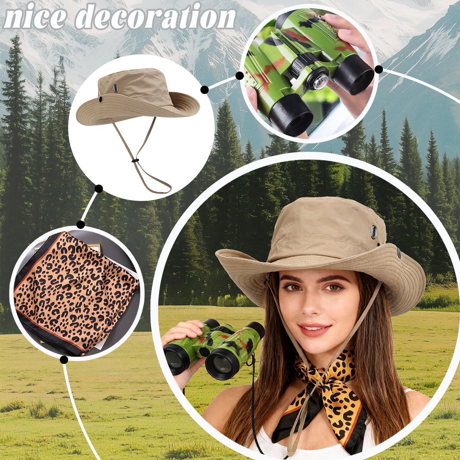 DONGZQAN 3 PCS Safari Costume Accessories Set, Safari Hat Women, Zookeeper Costume With Leopard Print Scarf, Sunglasses - Image 3