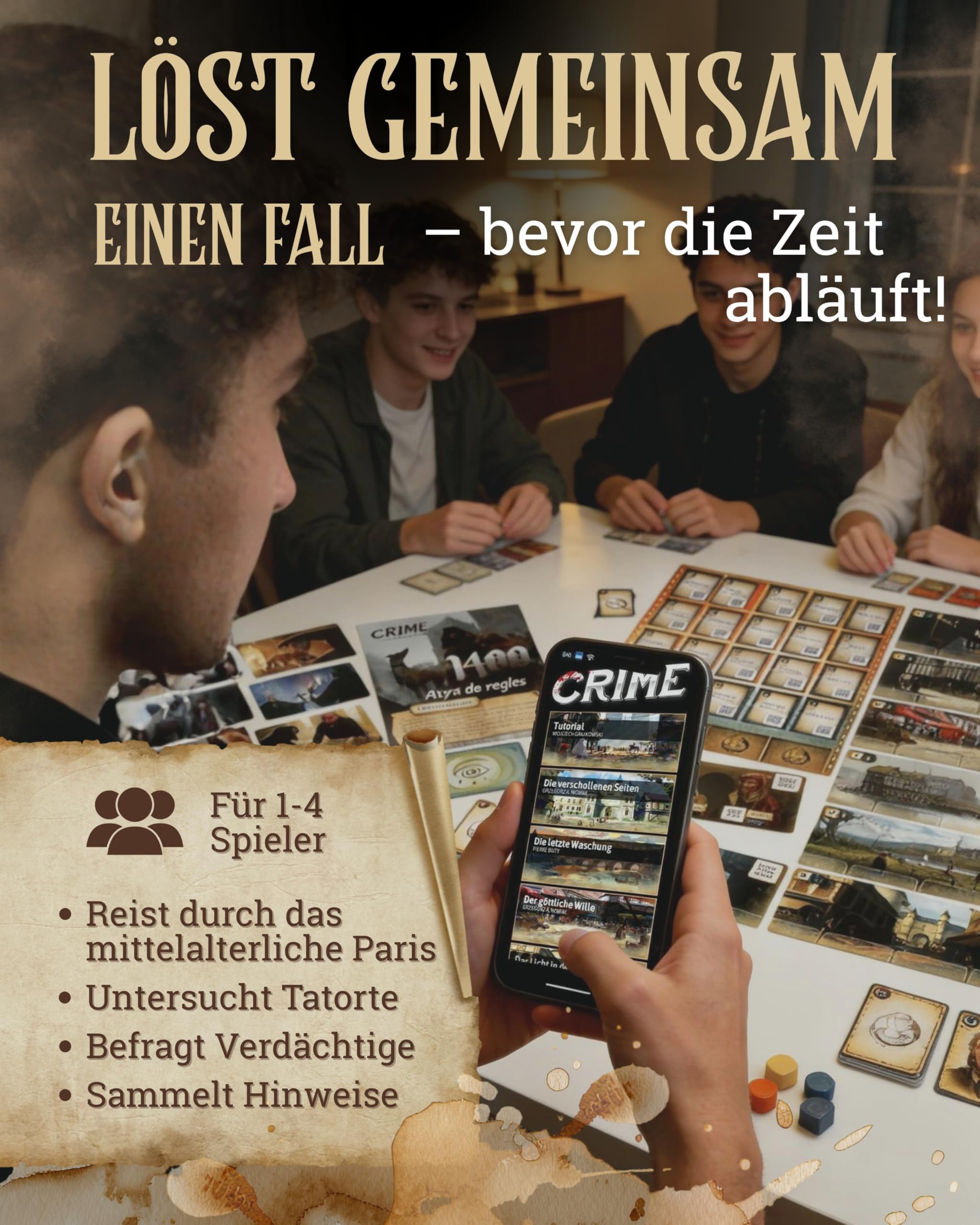 CORAX GAMES Chronicles of Crime - Millennium 1400 Brettspiel I Mittelalterliches Detektivspiel mit Visionskarten & App-Ermittlung I Narratives Krimispiel für 1-4 Spieler ab 12 Jahren