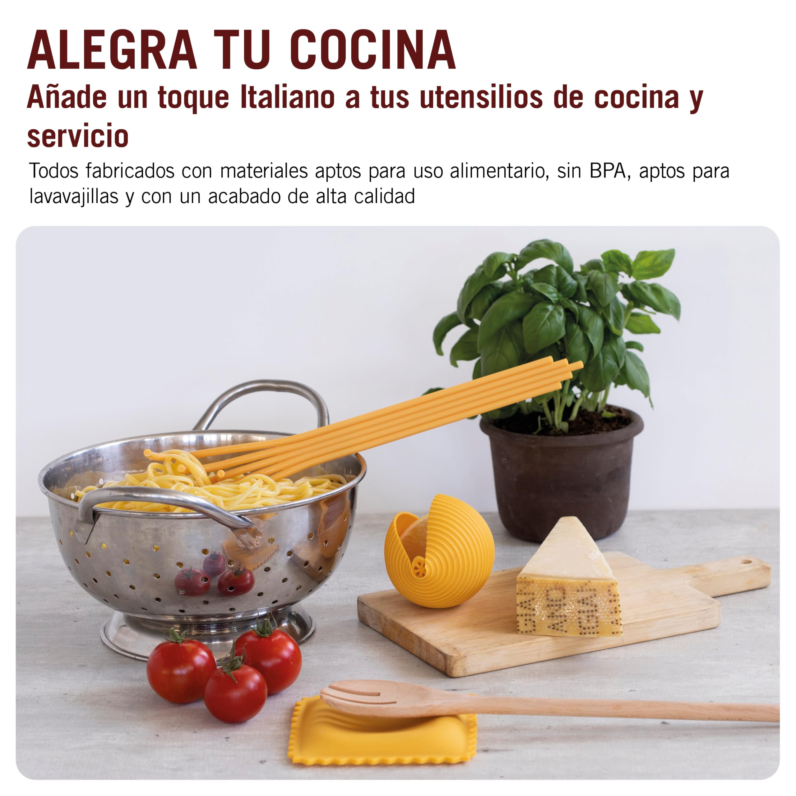 Monkey Business Herramientas de cocina de silicona en caja de regalo/3 utensilios de cocina grandes con forma de pasta/soporte para cuchara de raviolis, exprimidor de limón Conchiglie, cuchara para