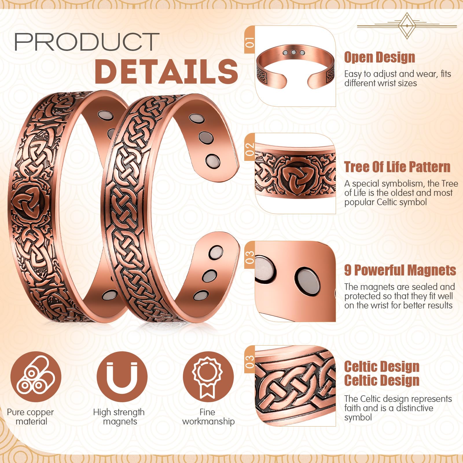 2 Pulseras Magnéticas de Cobre Ajustable de 3500 Gauss con 9 Imanes, Brazalete Sólido con Diseño de Árbol y Celta 2 Estilos(Patrón)