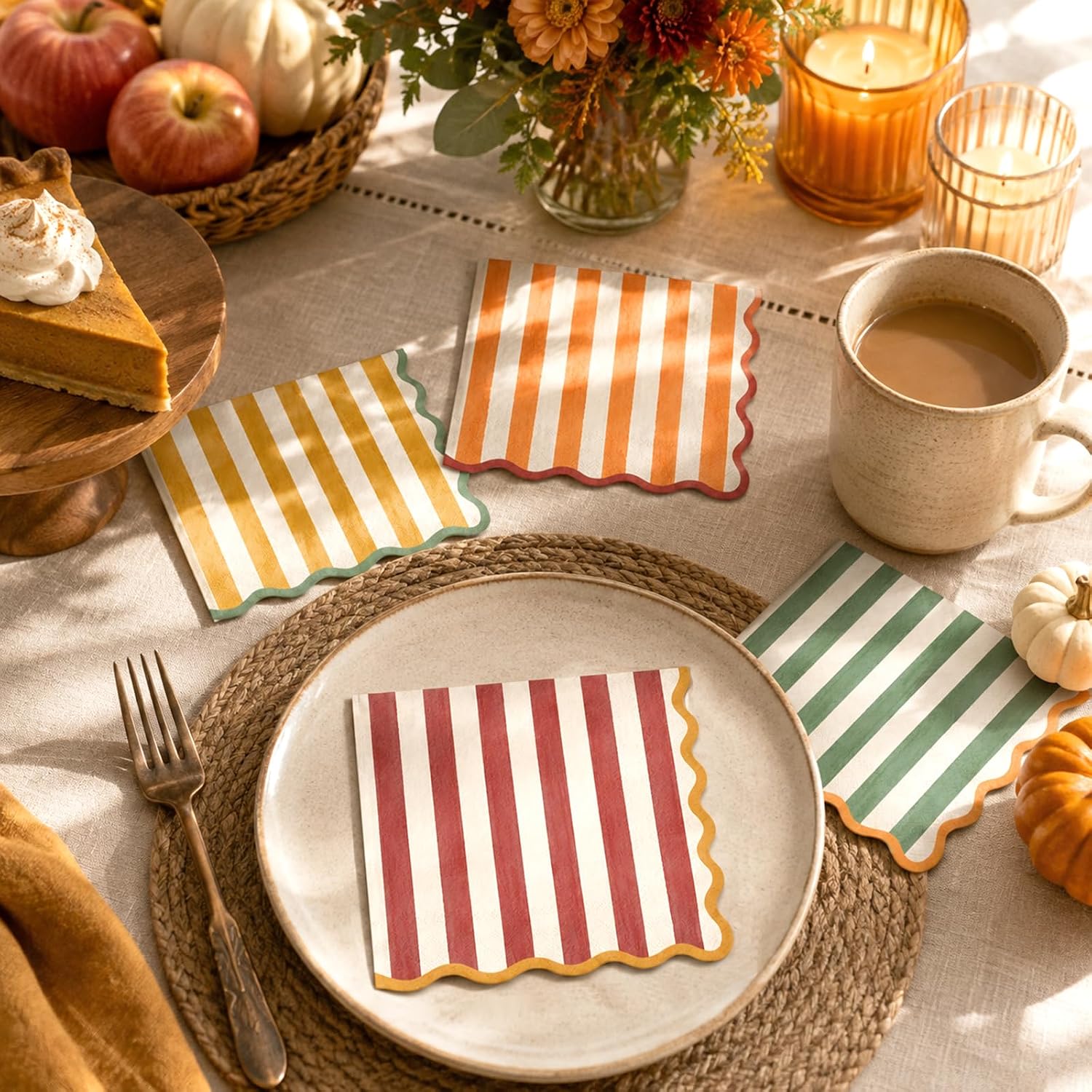 Whaline 100Pcs Fall Cocktail Napkin, Vintage Striped, Scalloped